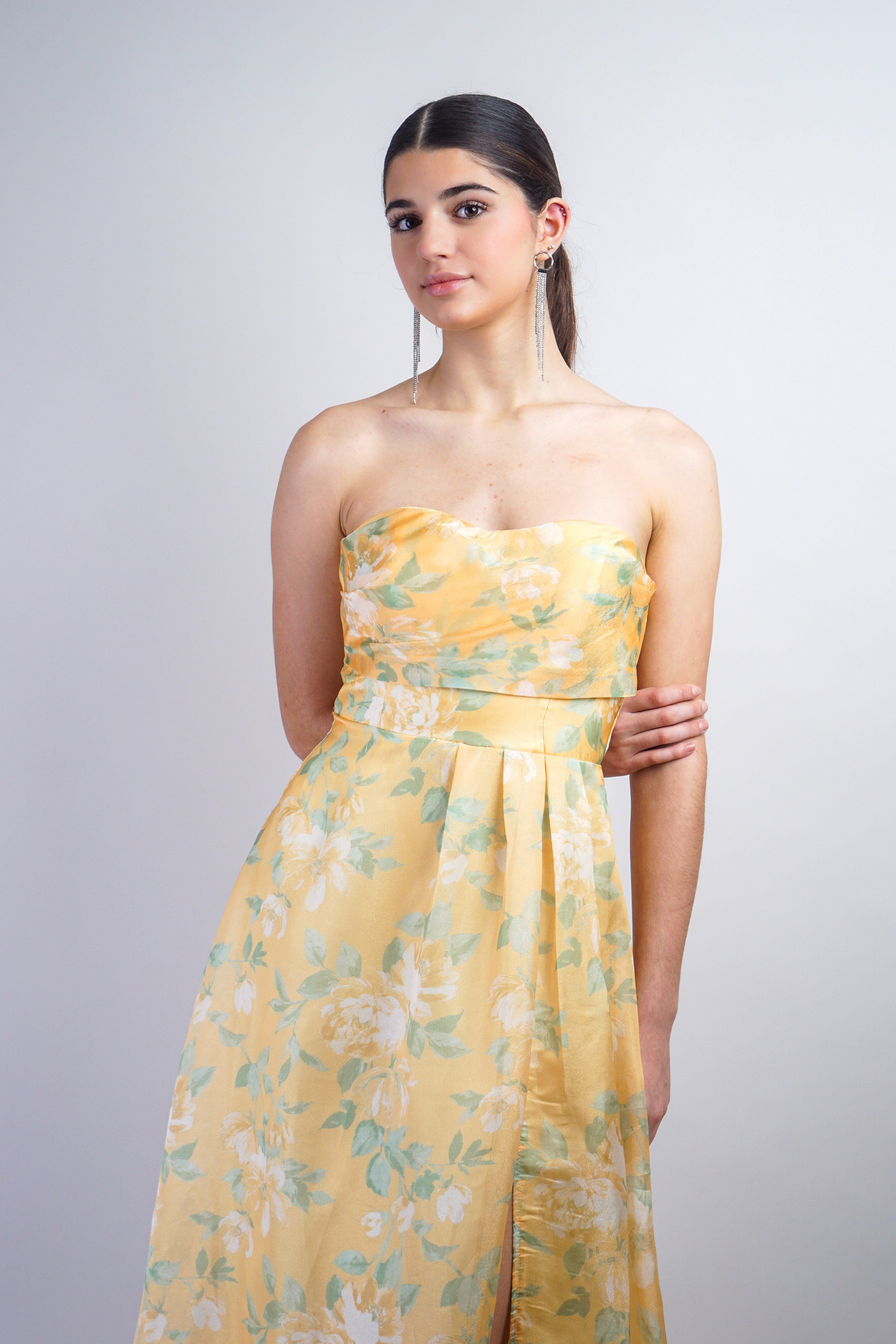 Private Label GOWNS Yellow Strapless Floral Organza Maxi Gown With Slit