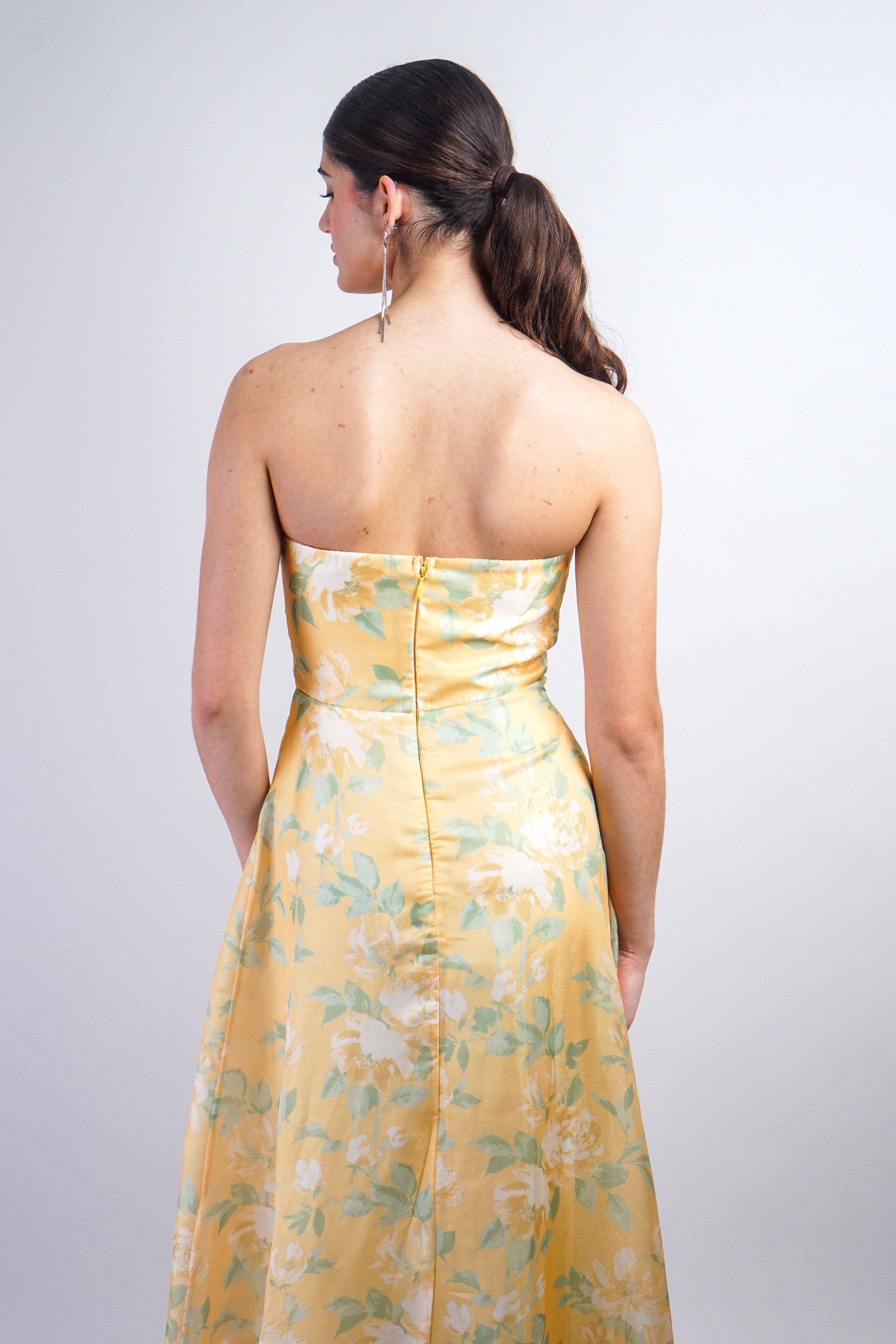 Private Label GOWNS Yellow Strapless Floral Organza Maxi Gown With Slit