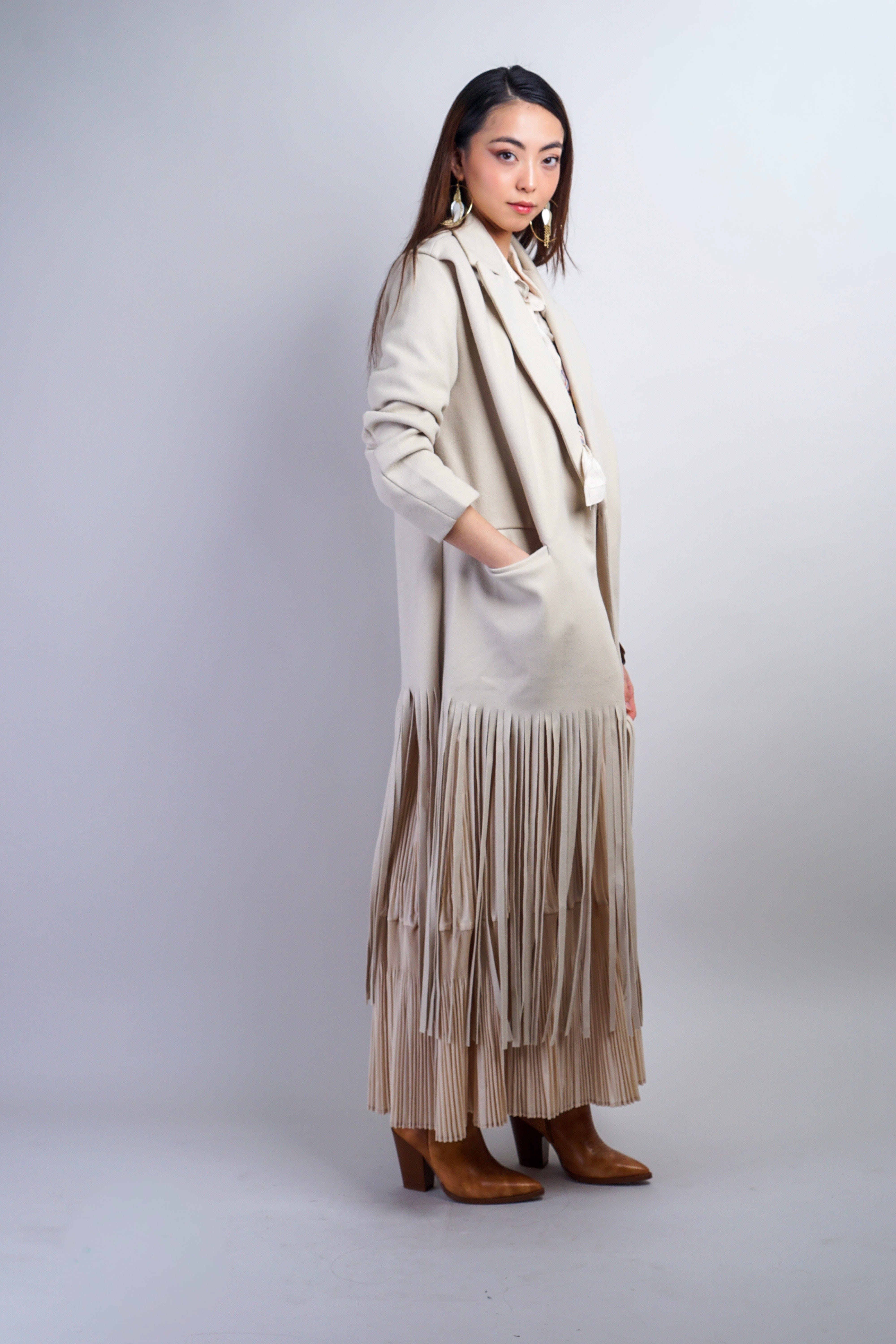 Private Label JACKETS Beige Fringe Coat Jacket