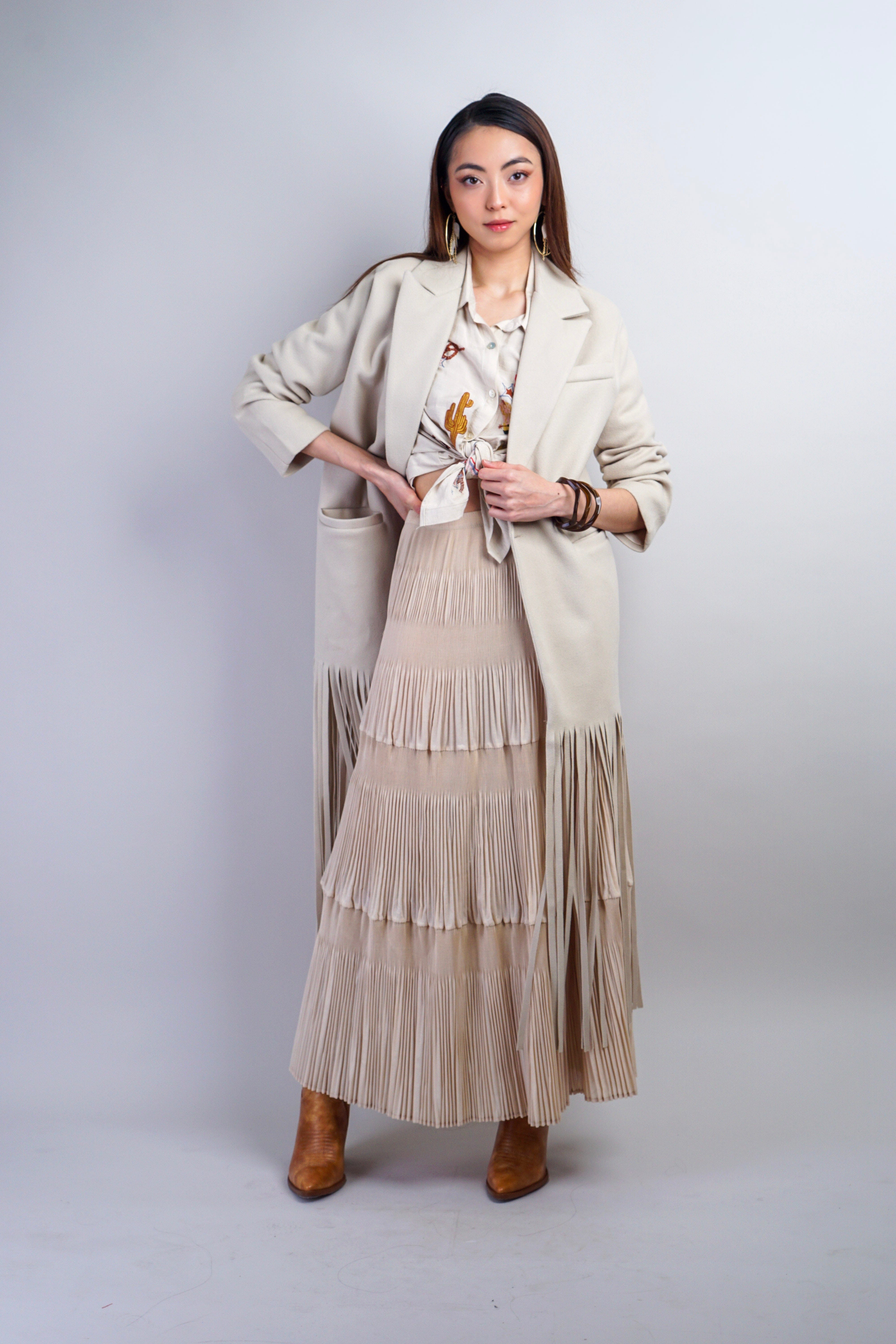 Private Label JACKETS Beige Fringe Coat Jacket