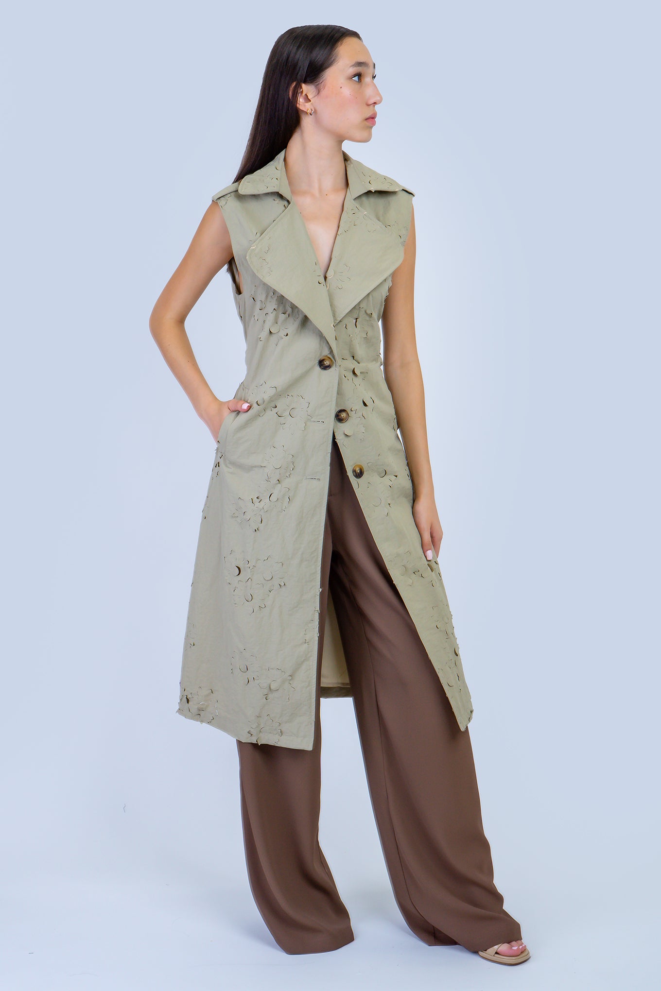 Private Label JACKETS Khaki Laser Cut Trench Coat Dress
