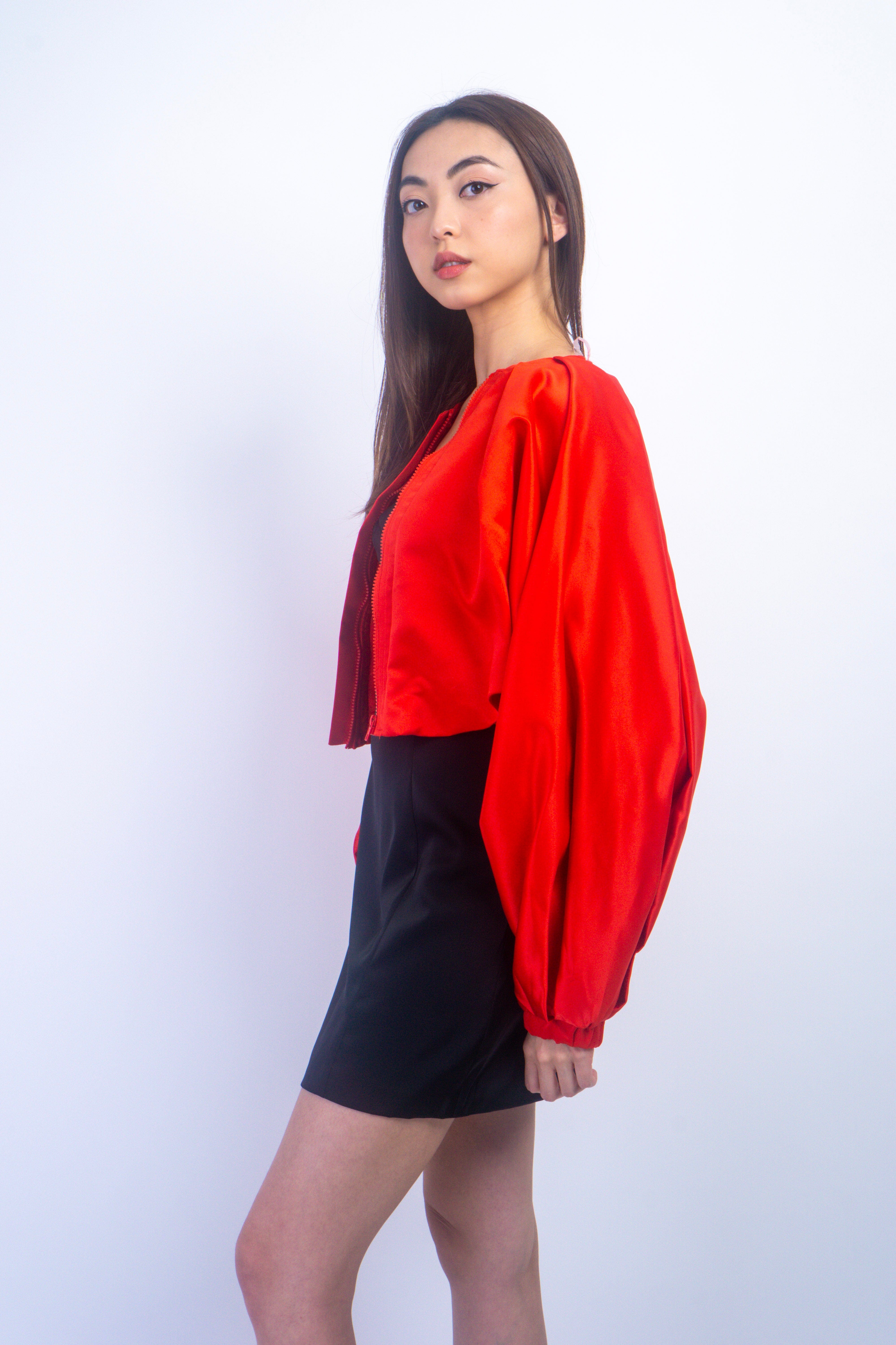Private Label JACKETS Red Zipper Front Cropped Matte Satin Jacket