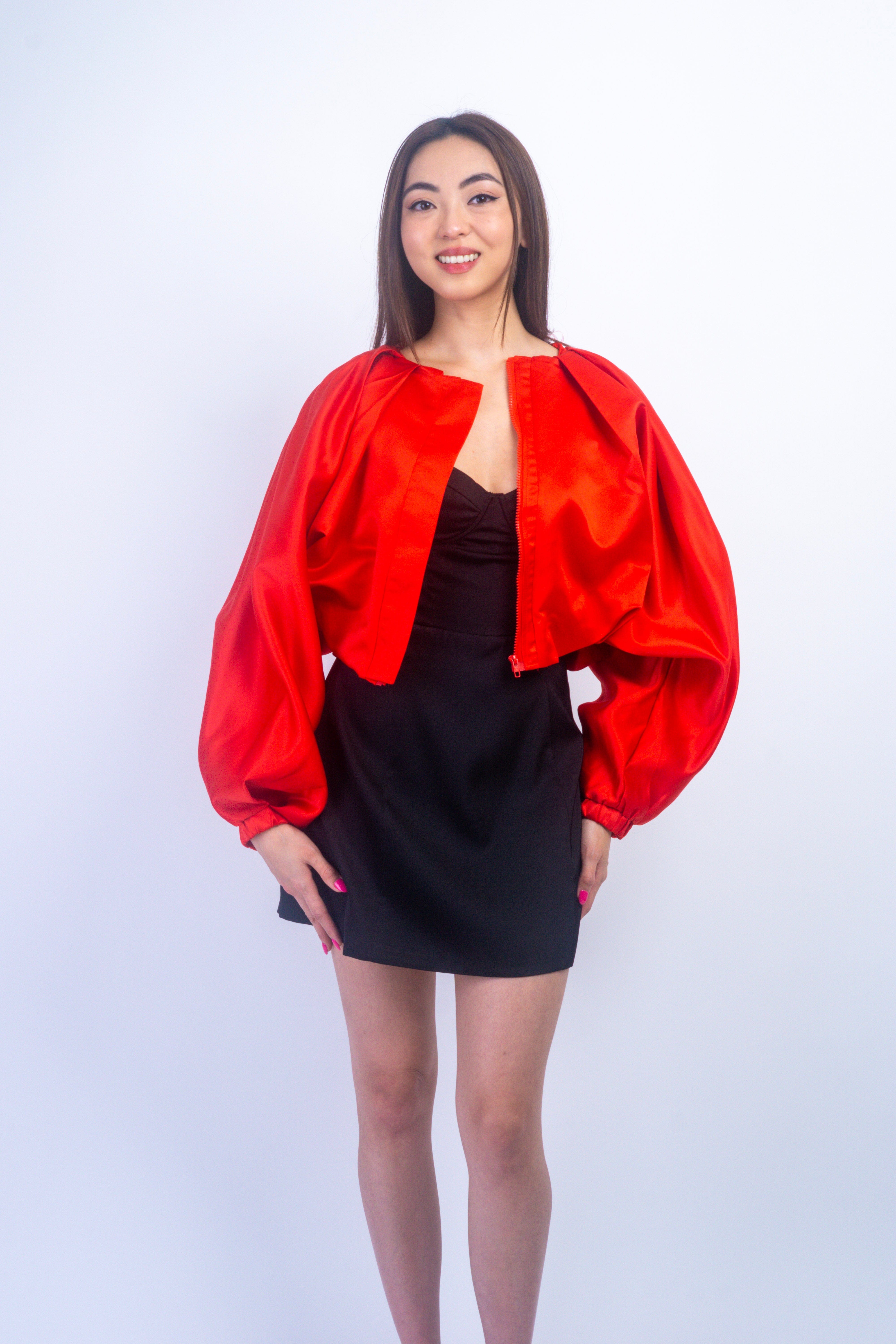 Private Label JACKETS Red Zipper Front Cropped Matte Satin Jacket