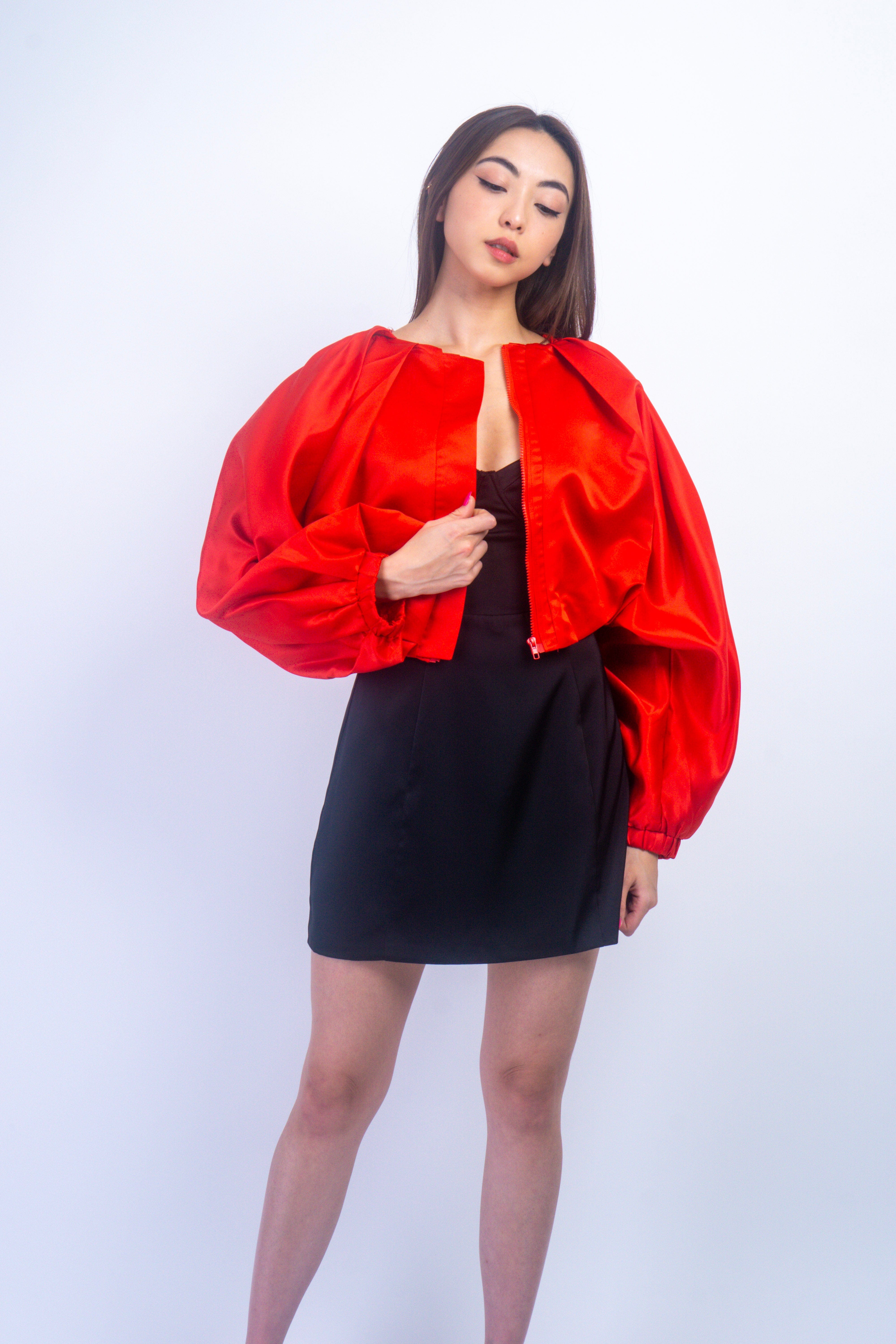 Private Label JACKETS Red Zipper Front Cropped Matte Satin Jacket