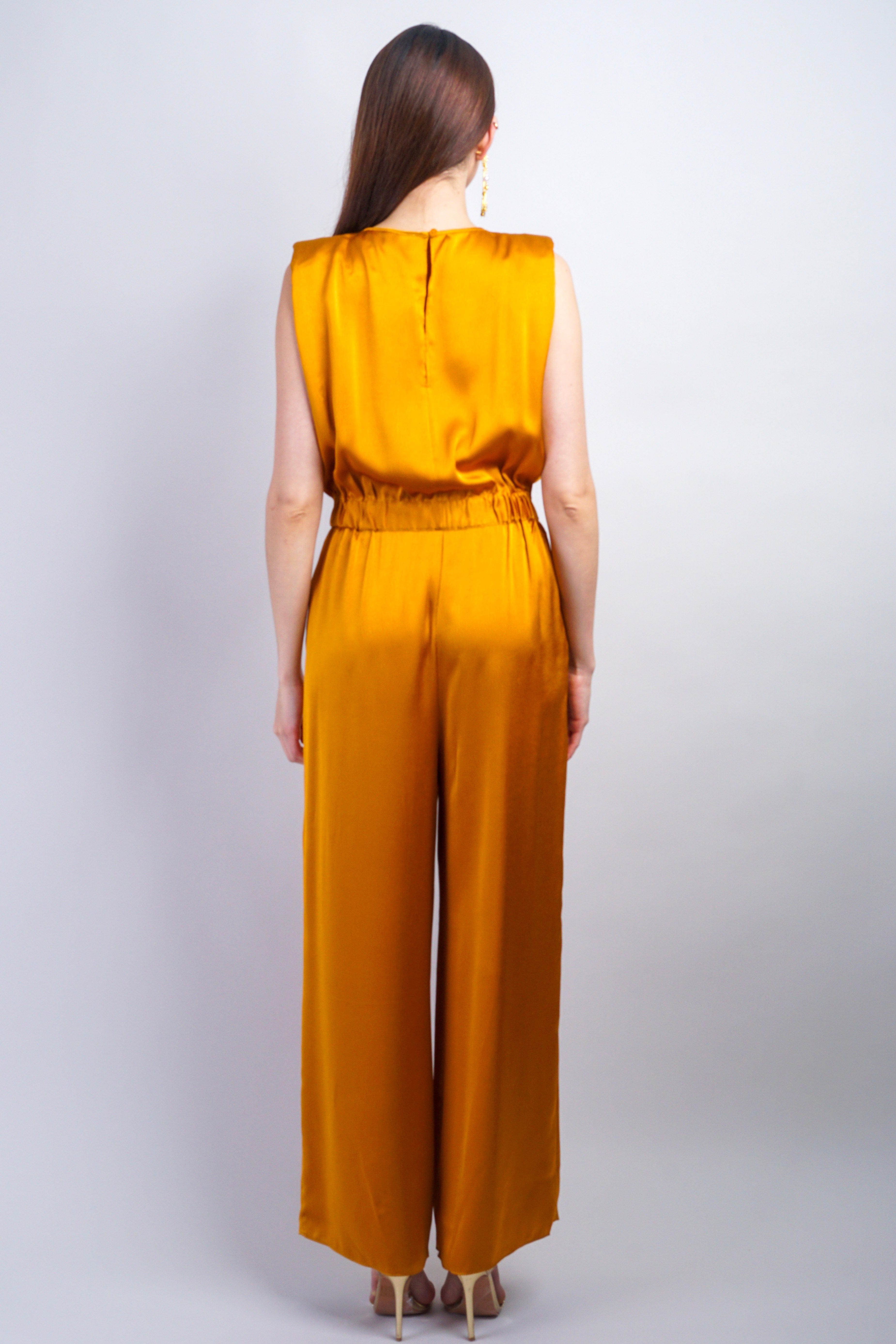 Private Label JUMPSUITS Curry V-Neck Satin Elastic Jumpsuit