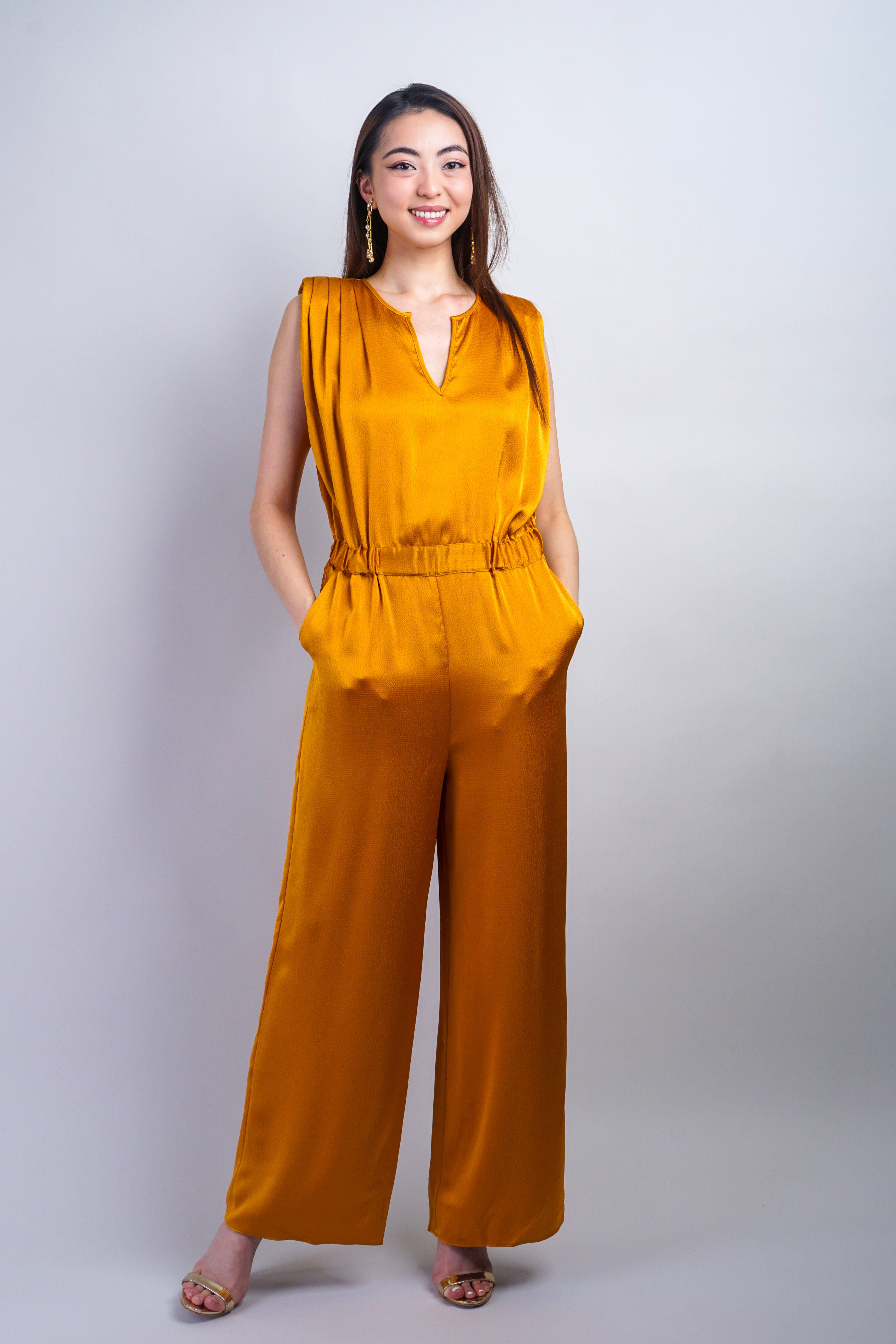 Private Label JUMPSUITS Curry V-Neck Satin Elastic Jumpsuit