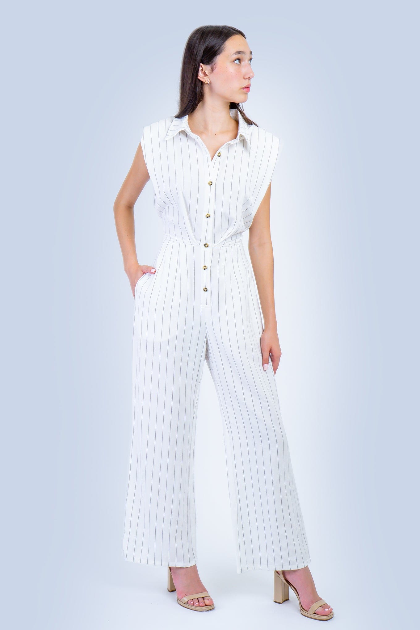 DCD JUMPSUITS Ivory Pinstripe Linen Jumpsuit