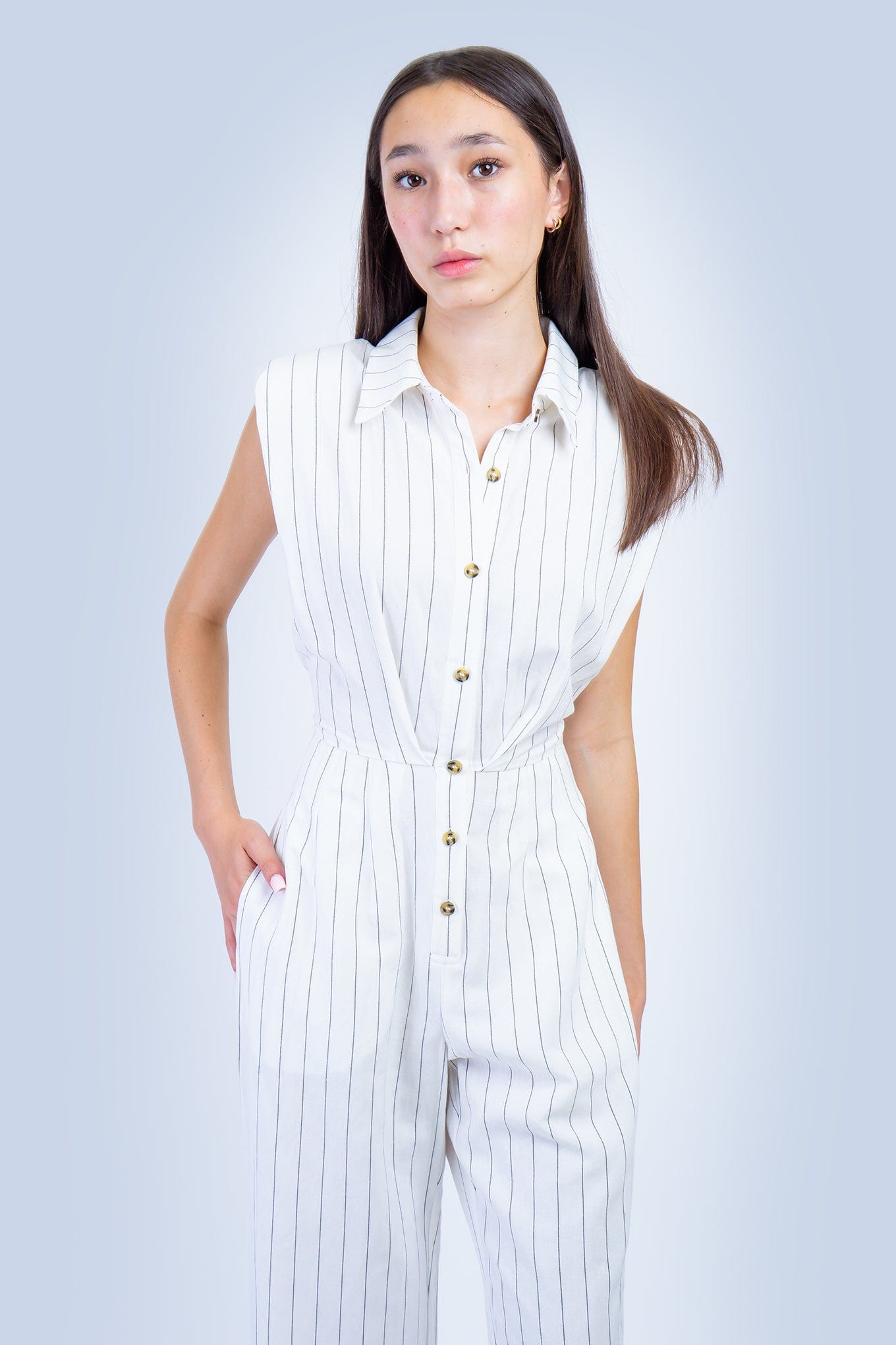 DCD JUMPSUITS Ivory Pinstripe Linen Jumpsuit