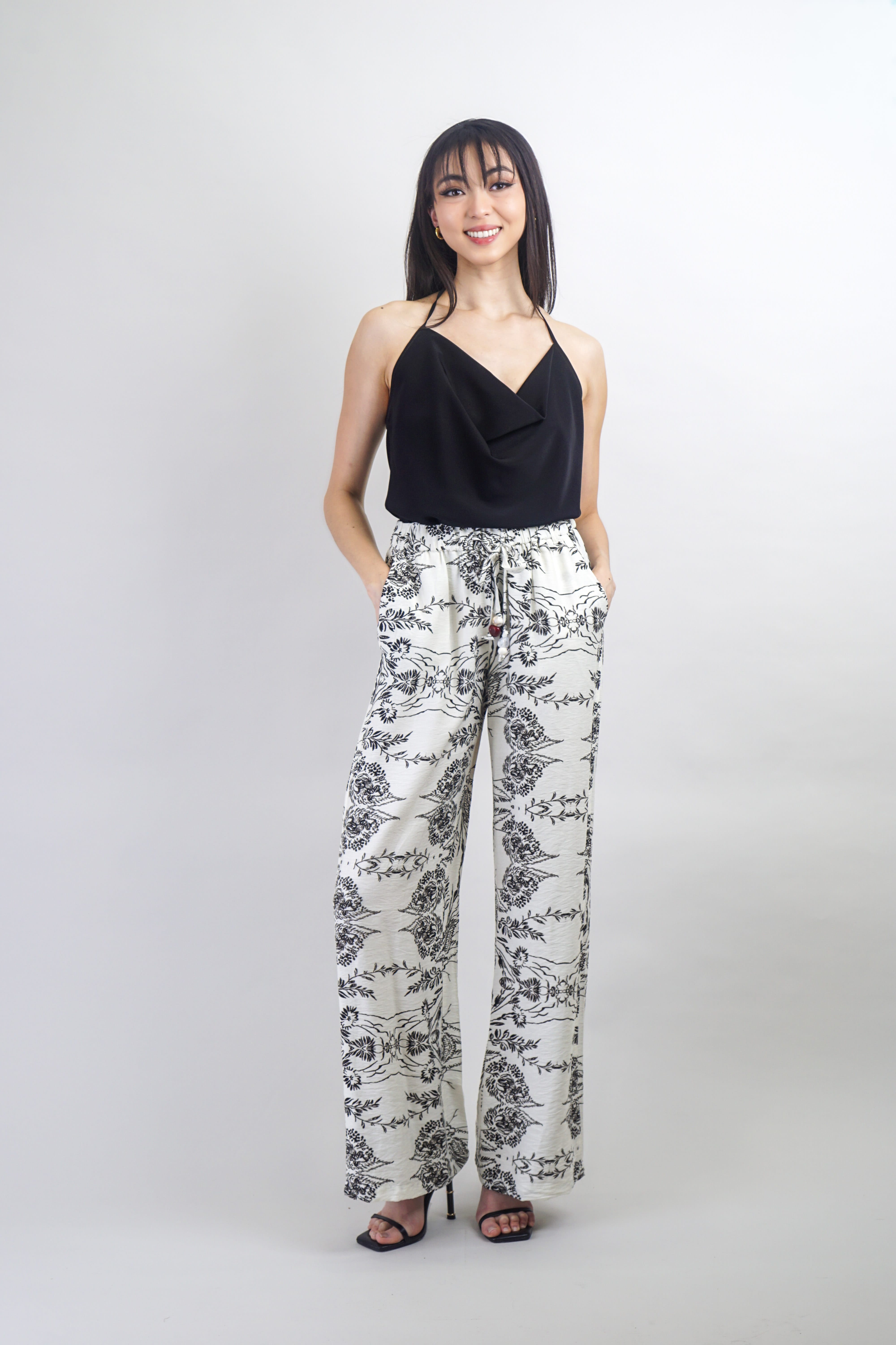 Private Label PANTS Black/White Drawstring Linen Pant