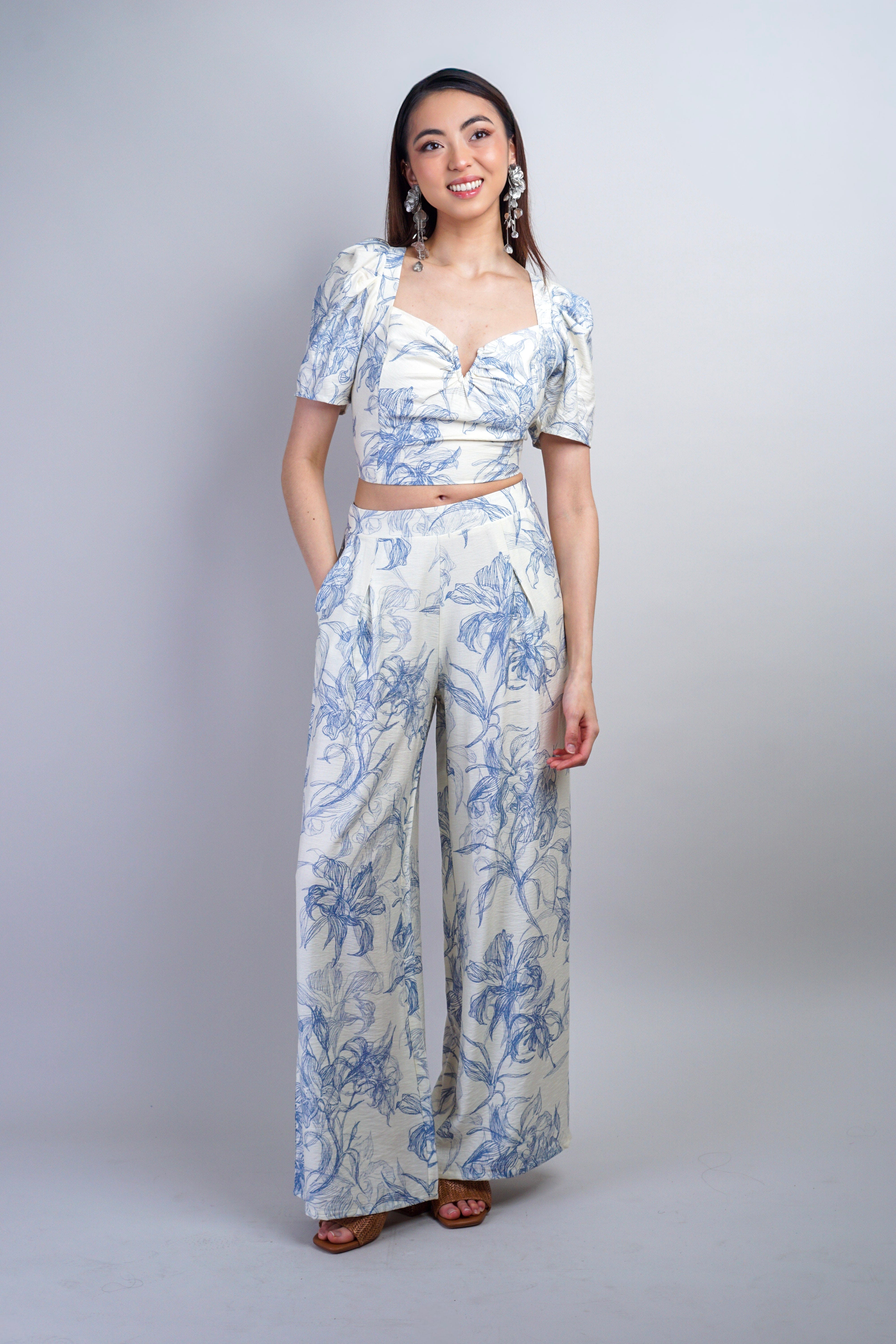 Private Label PANTS Ivory Blue Printed Pants