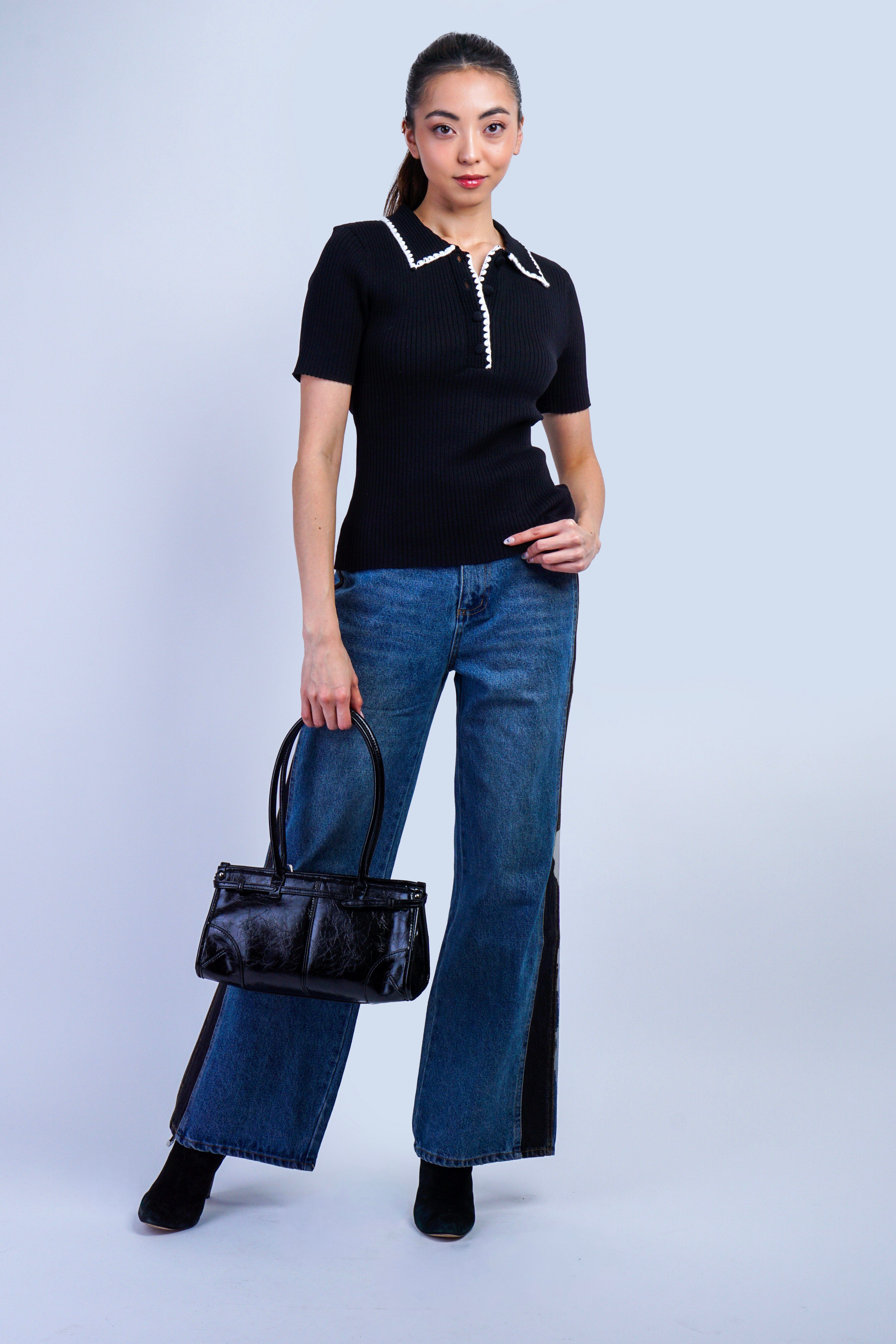 Private Label PANTS Med Wash Western Two Tone Panel Wide Denim Jeans