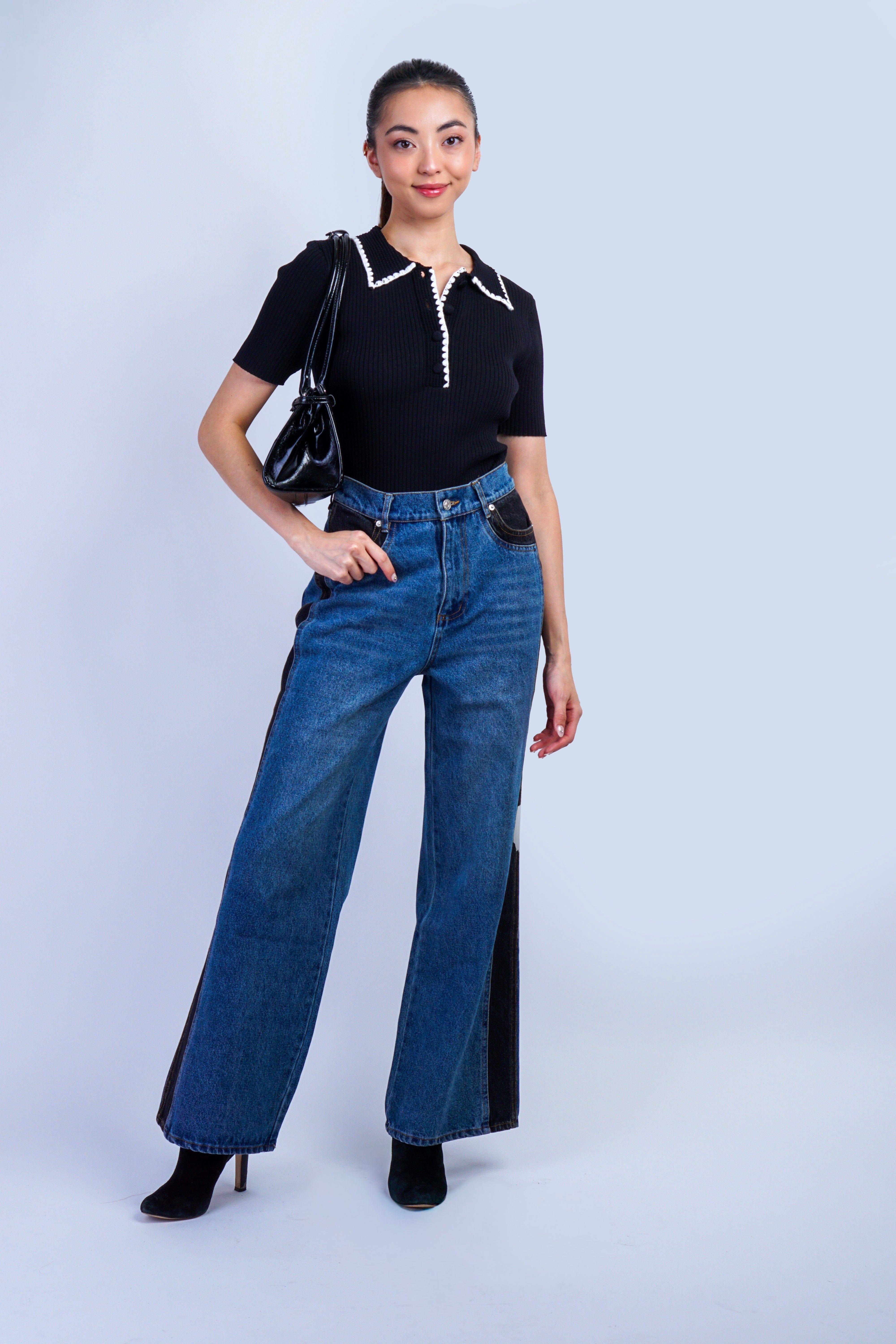 Private Label PANTS Med Wash Western Two Tone Panel Wide Denim Jeans