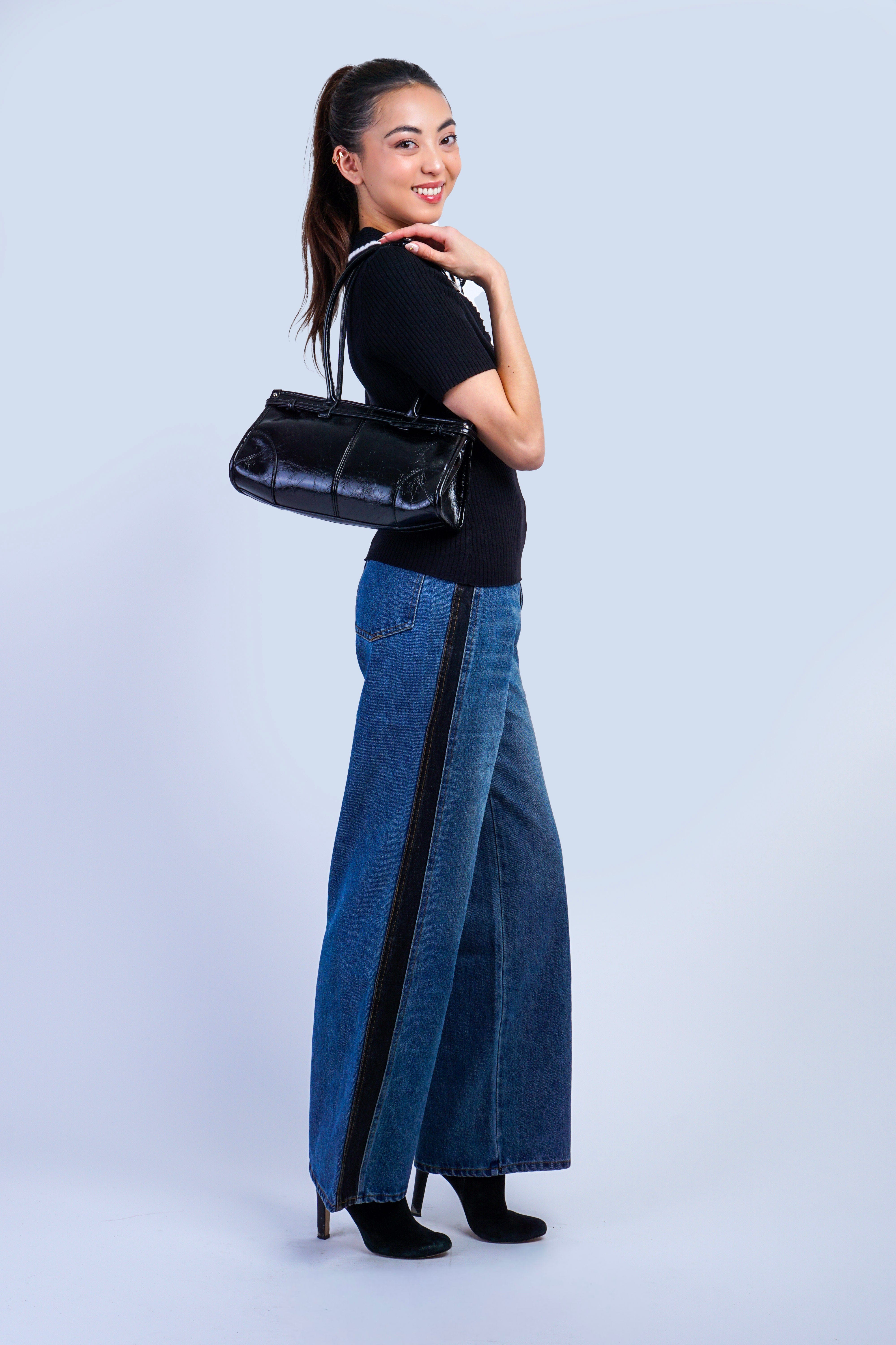 Private Label PANTS Med Wash Western Two Tone Panel Wide Denim Jeans