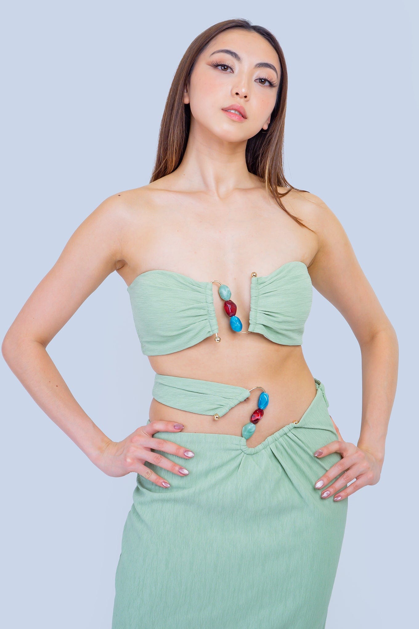 DCD PANTS Sage Beads and Gold Trim Top and Skirt Set