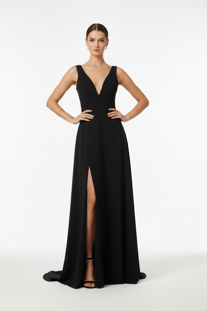Black V Neck Front Slit Soraya Gown