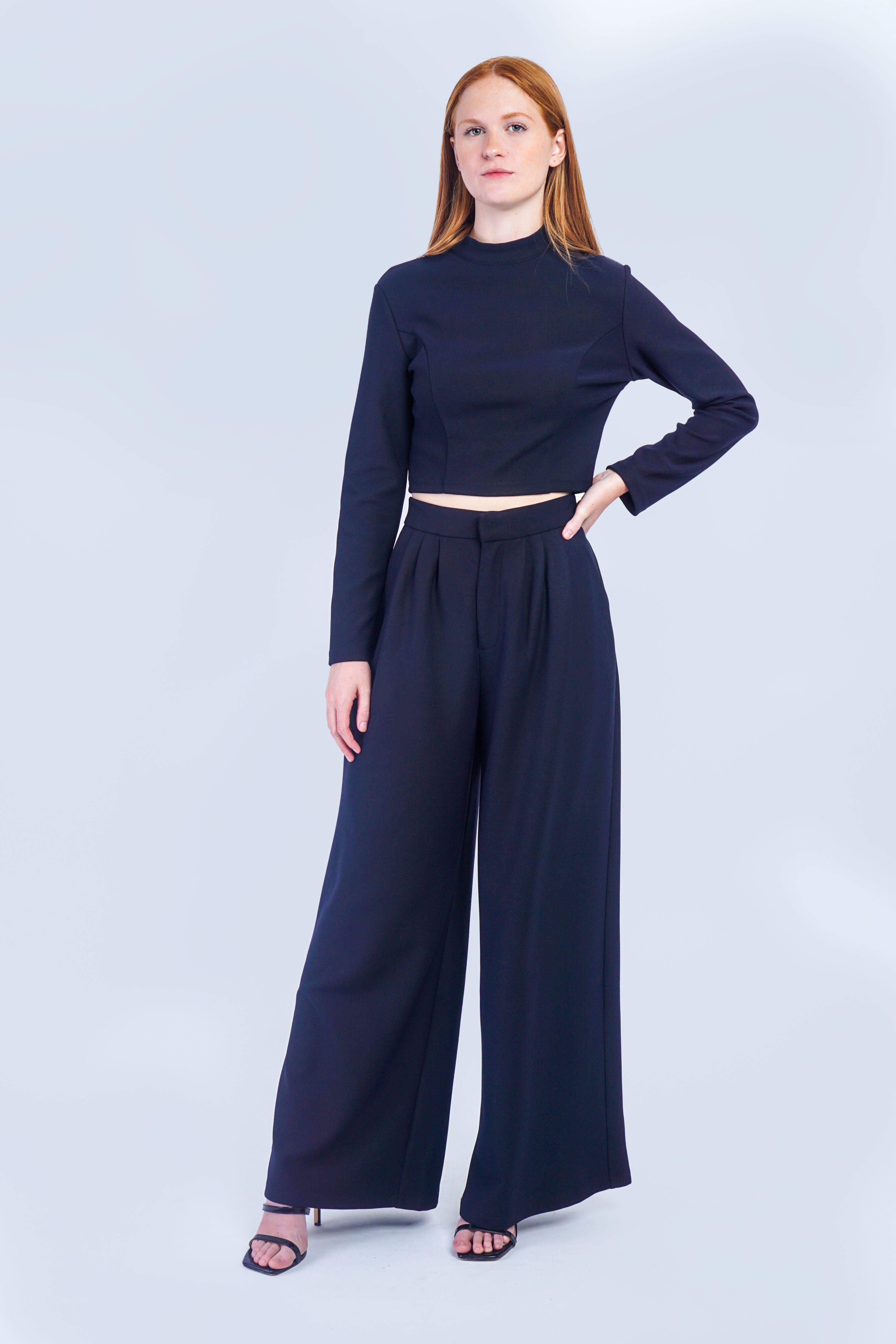 DCD SETS Dark Navy Crop Top And Pleated Trouser Set
