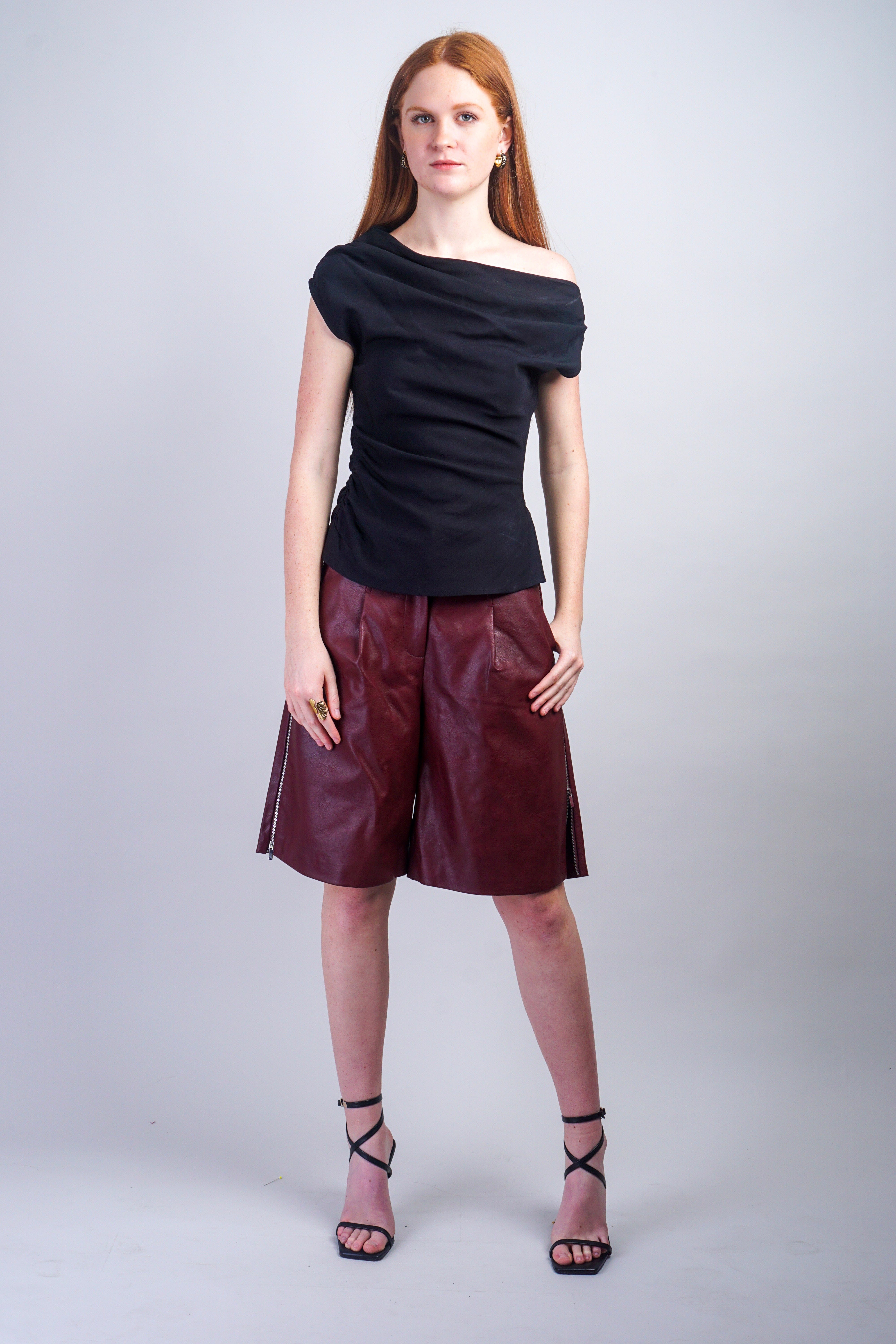 Private Label SHORTS Dark Wine Faux Leather Bermuda Shorts With Side Zippers