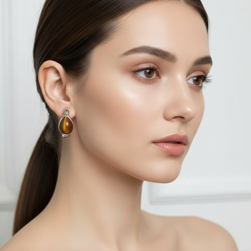 Private Label EARRINGS 74# Silver (Real Gold Plating) Copper Tiger Eye Teardrop Earrings