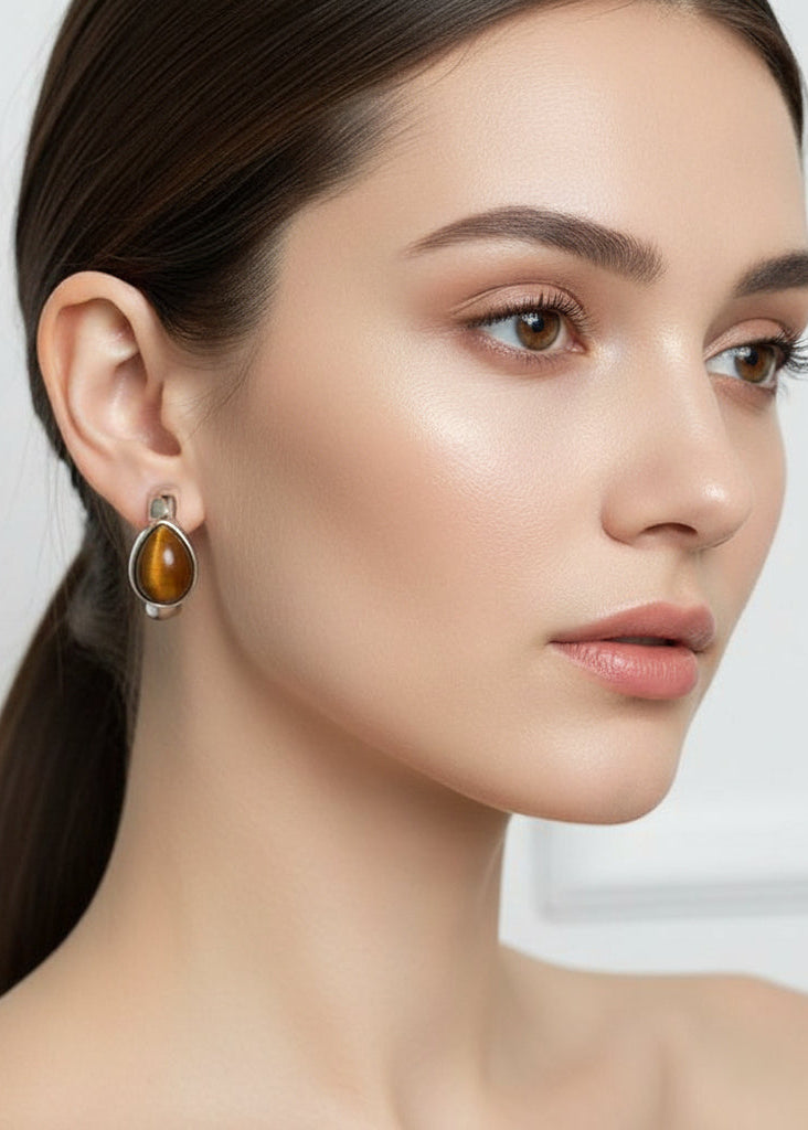 Private Label EARRINGS 74# Silver (Real Gold Plating) Copper Tiger Eye Teardrop Earrings