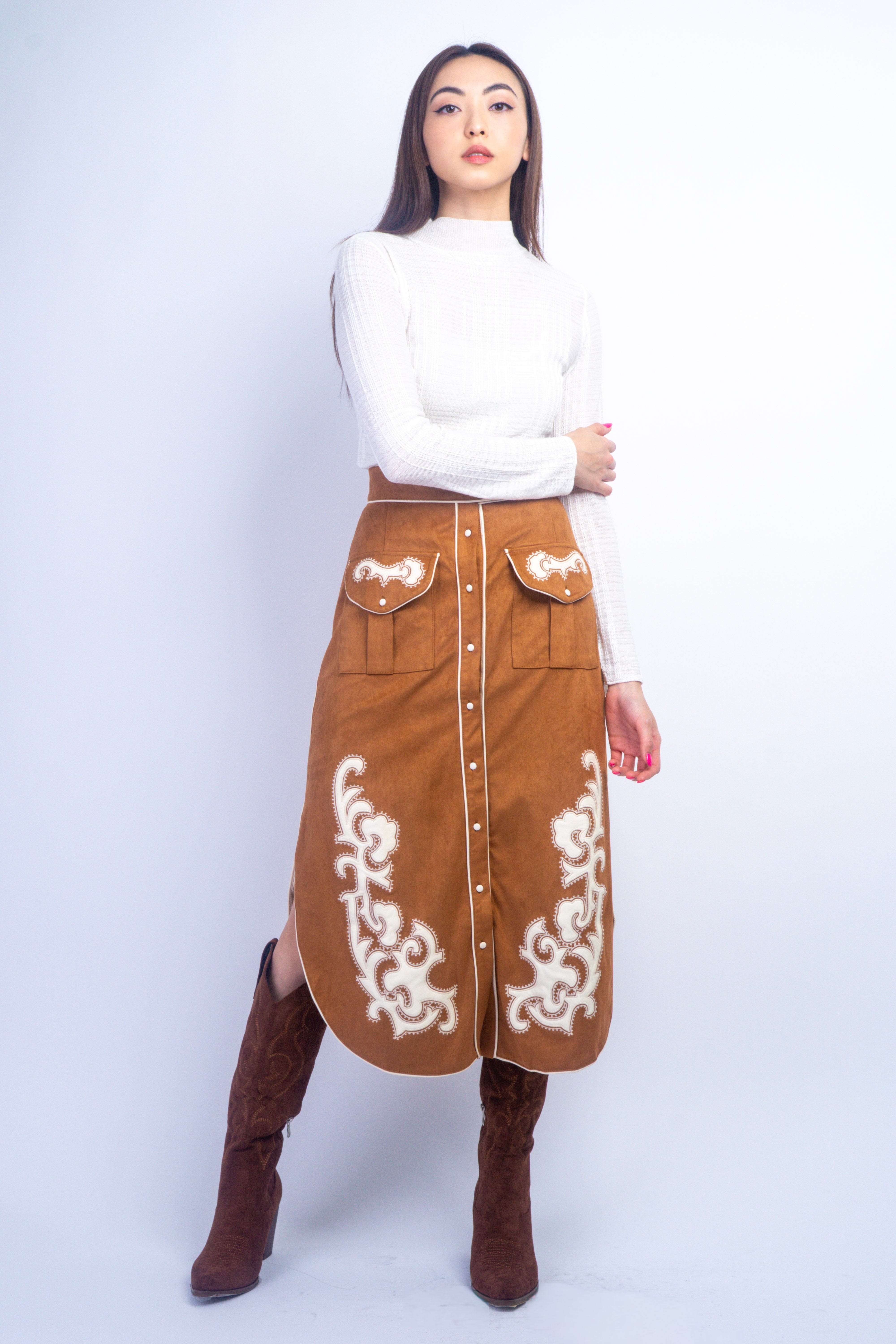 Private Label SKIRTS Camel Suede Embroidered Patch Midi Skirt