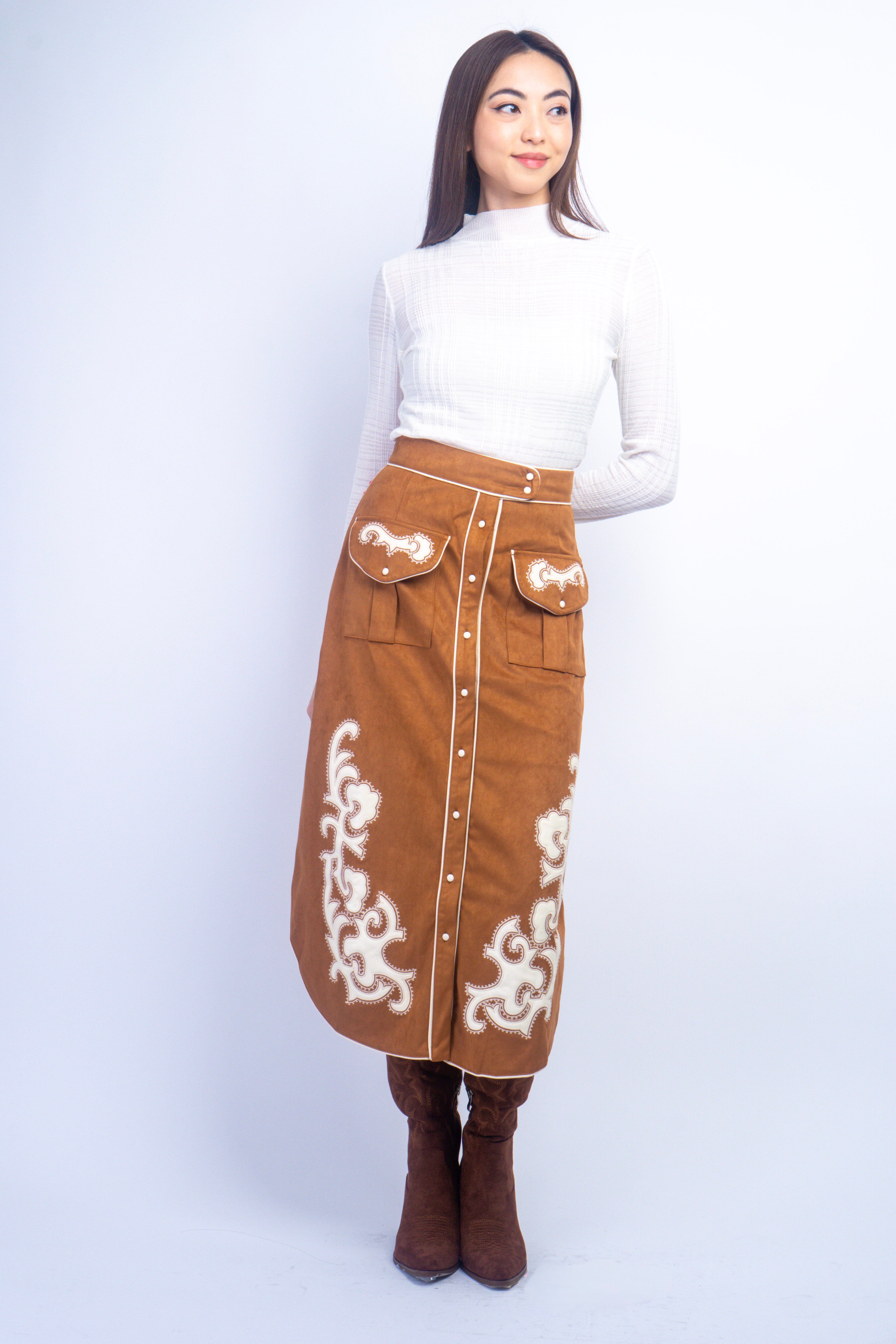 Private Label SKIRTS Camel Suede Embroidered Patch Midi Skirt