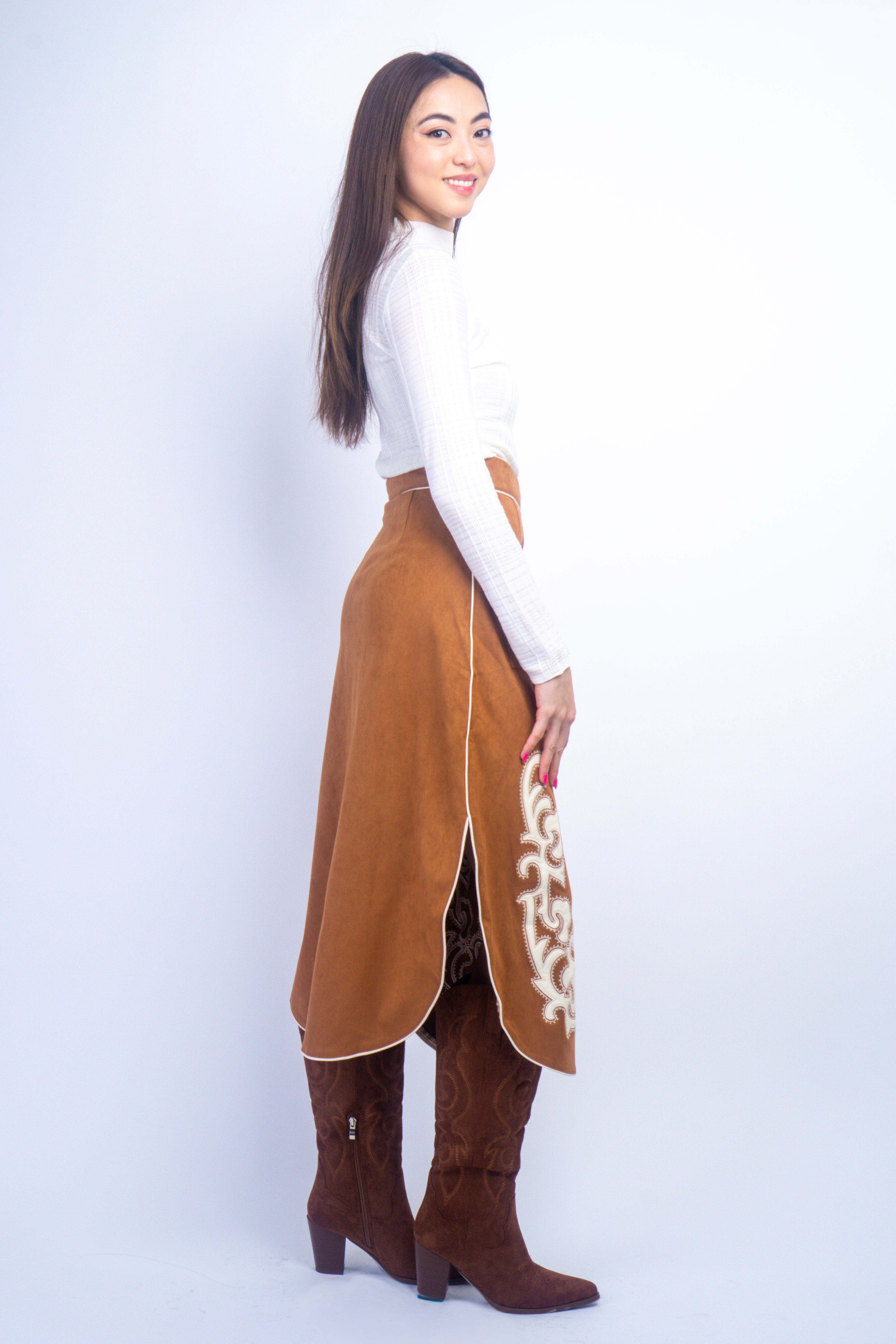 Private Label SKIRTS Camel Suede Embroidered Patch Midi Skirt
