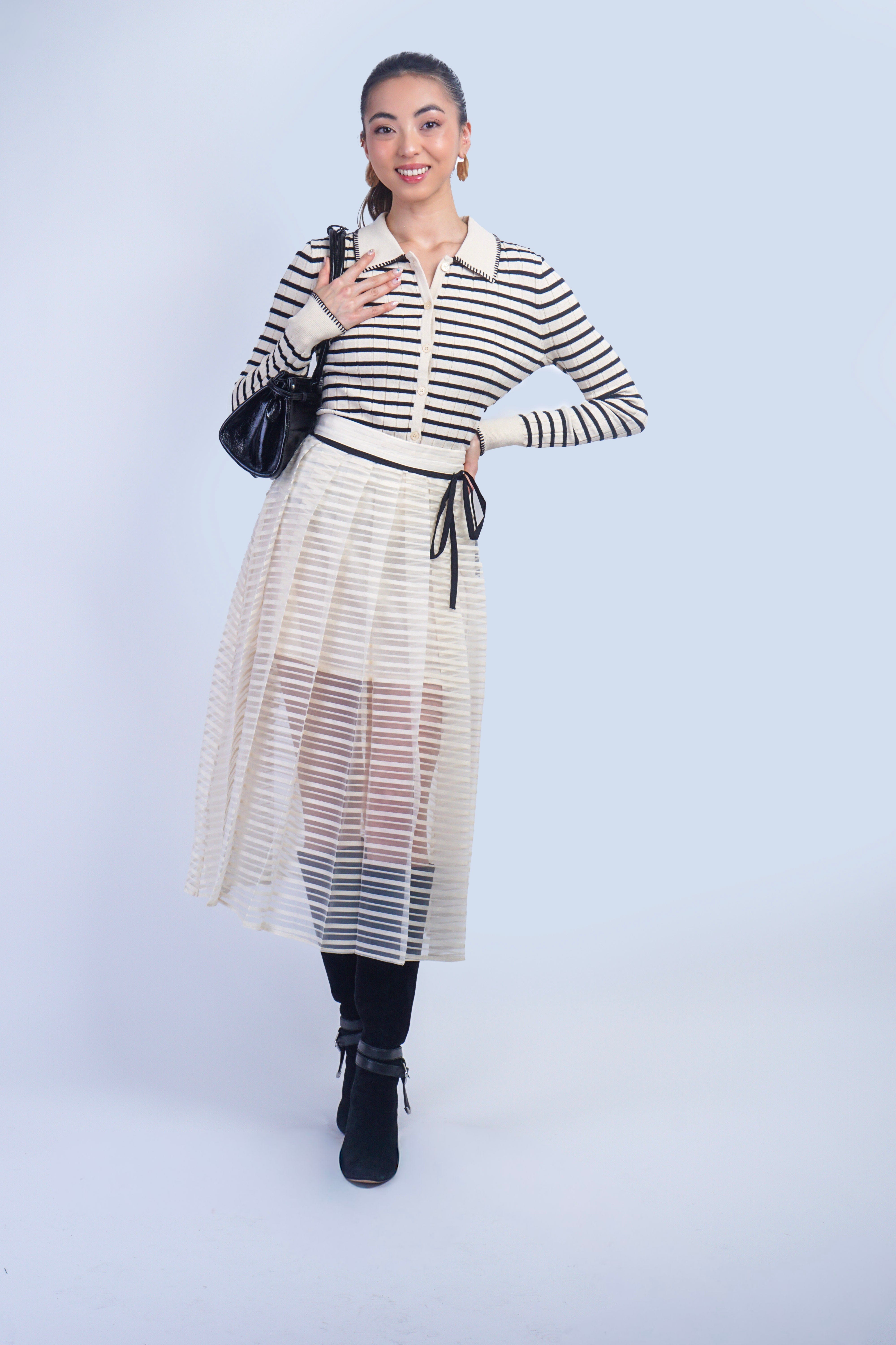 Private Label SKIRTS Ivory Stripe Black Bow Skirt