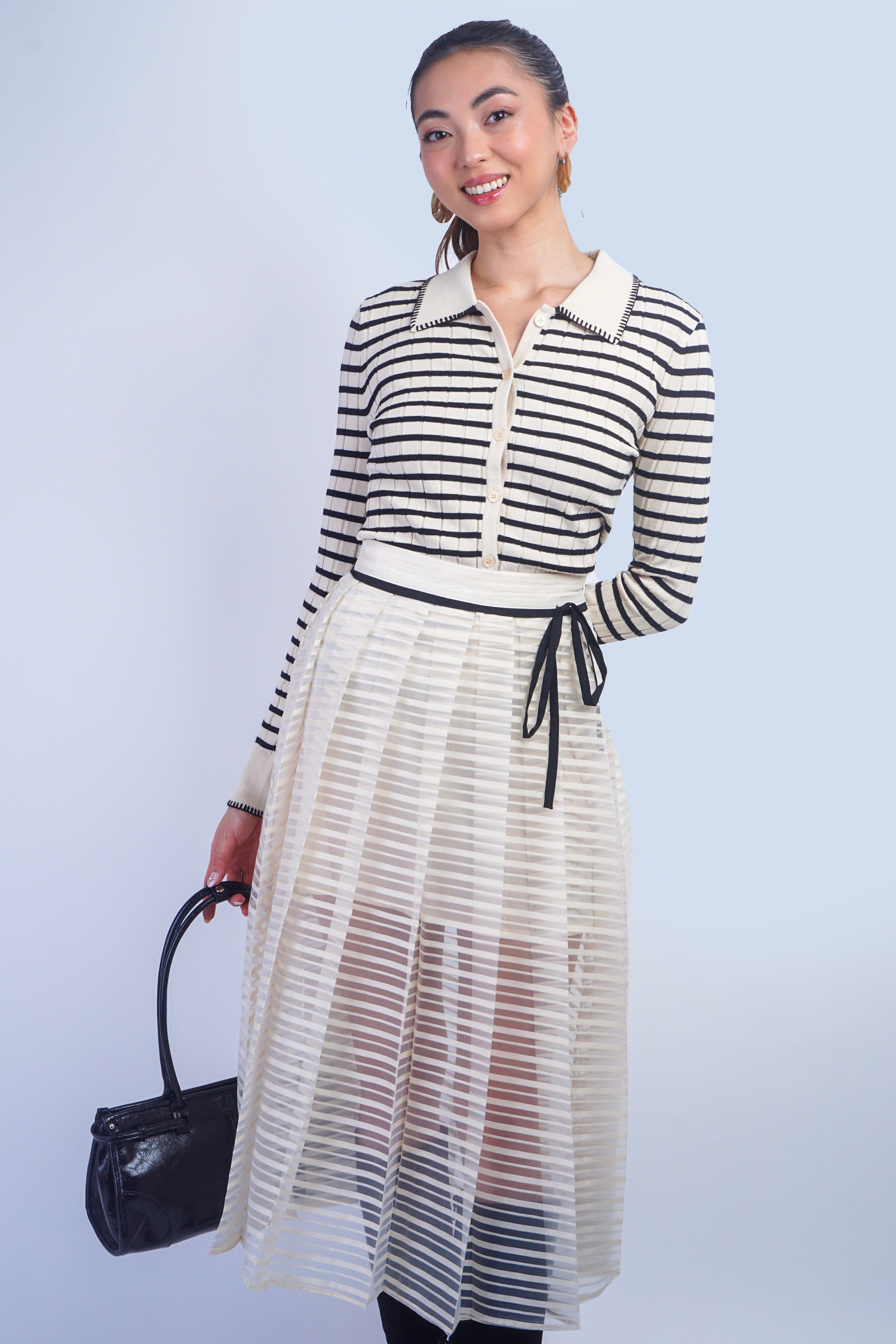 Private Label SKIRTS Ivory Stripe Black Bow Skirt