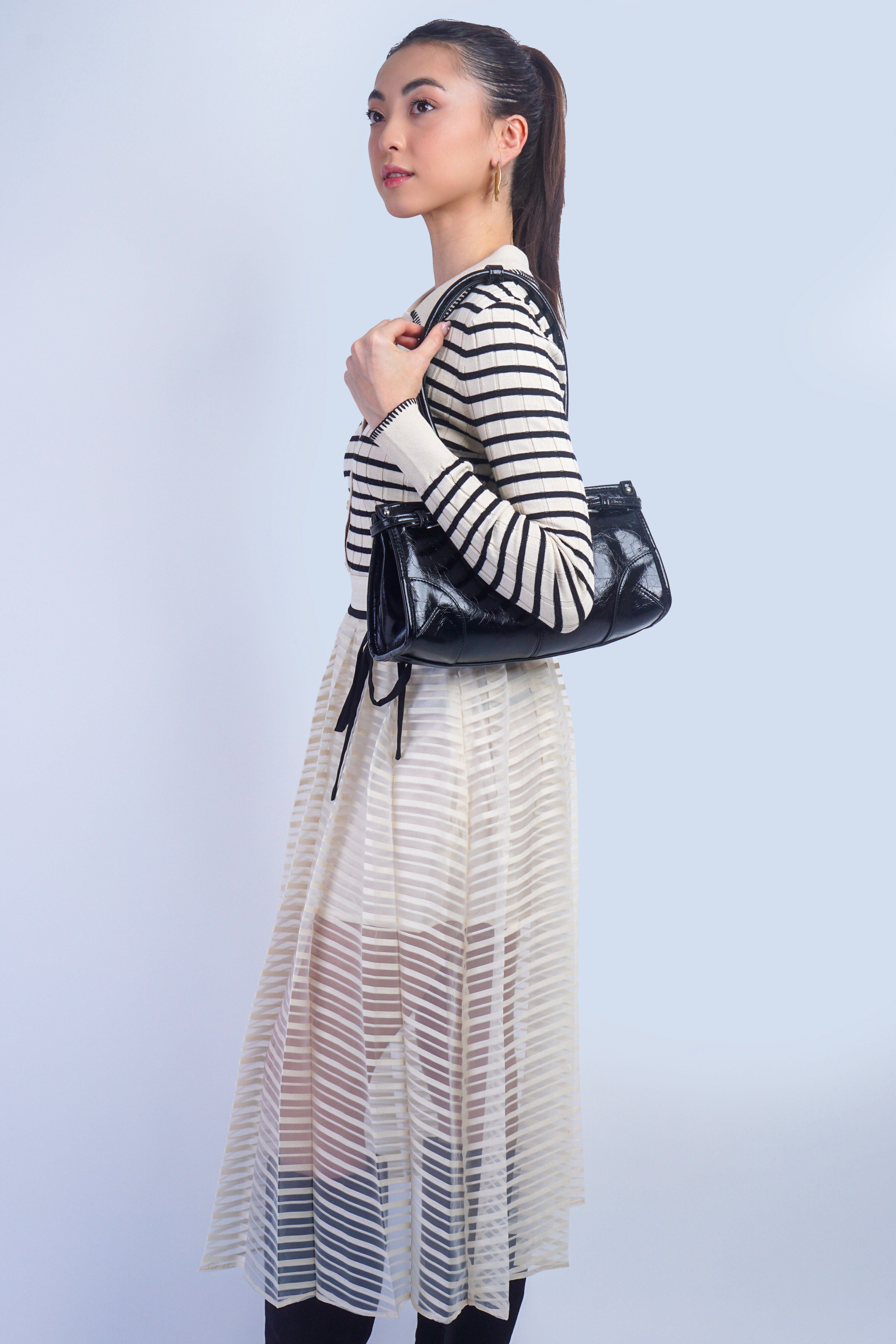 Private Label SKIRTS Ivory Stripe Black Bow Skirt