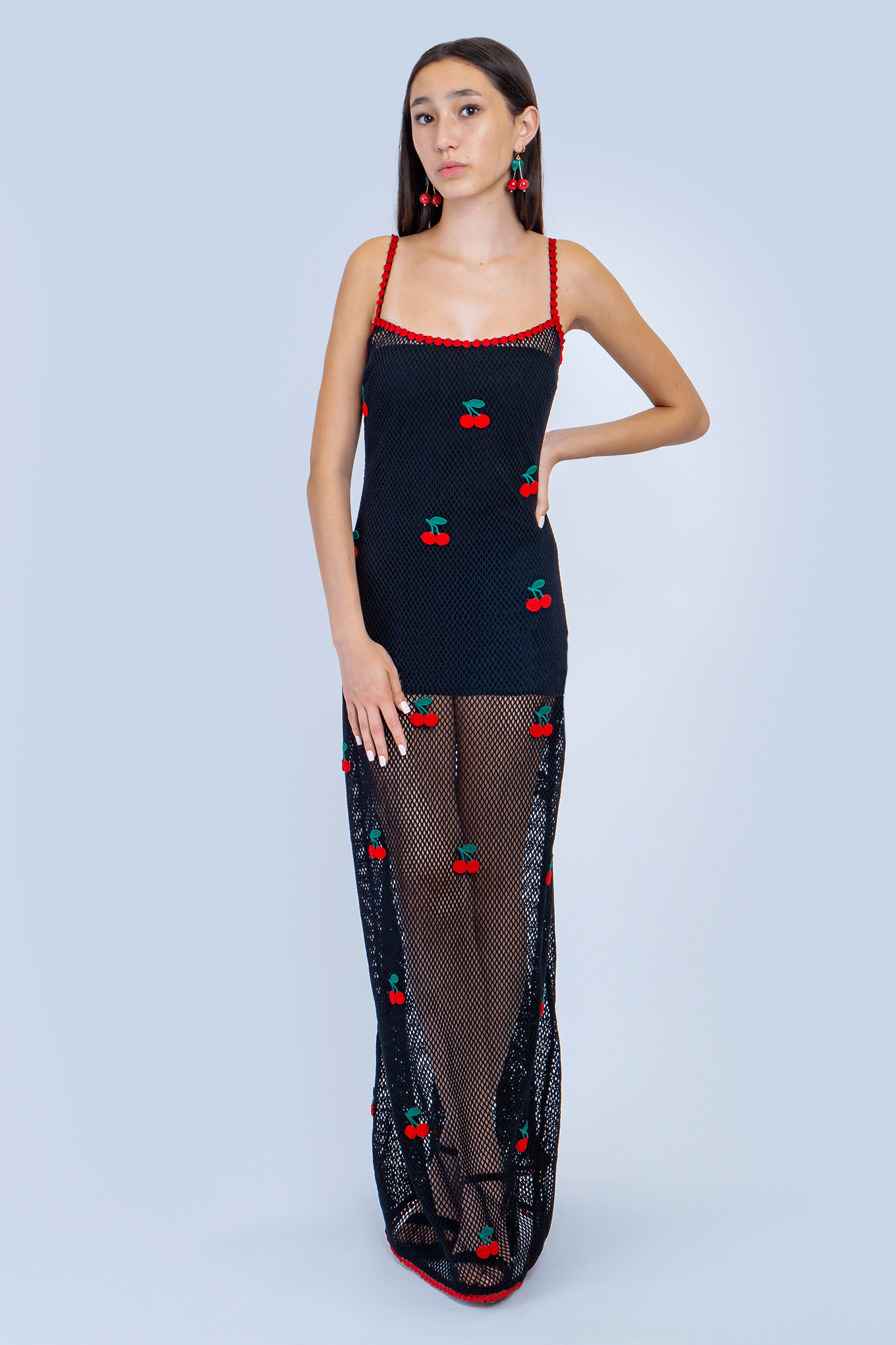 DCD SPECIAL ORDERS Black with Red Cherries Crochet Maxi Dress
