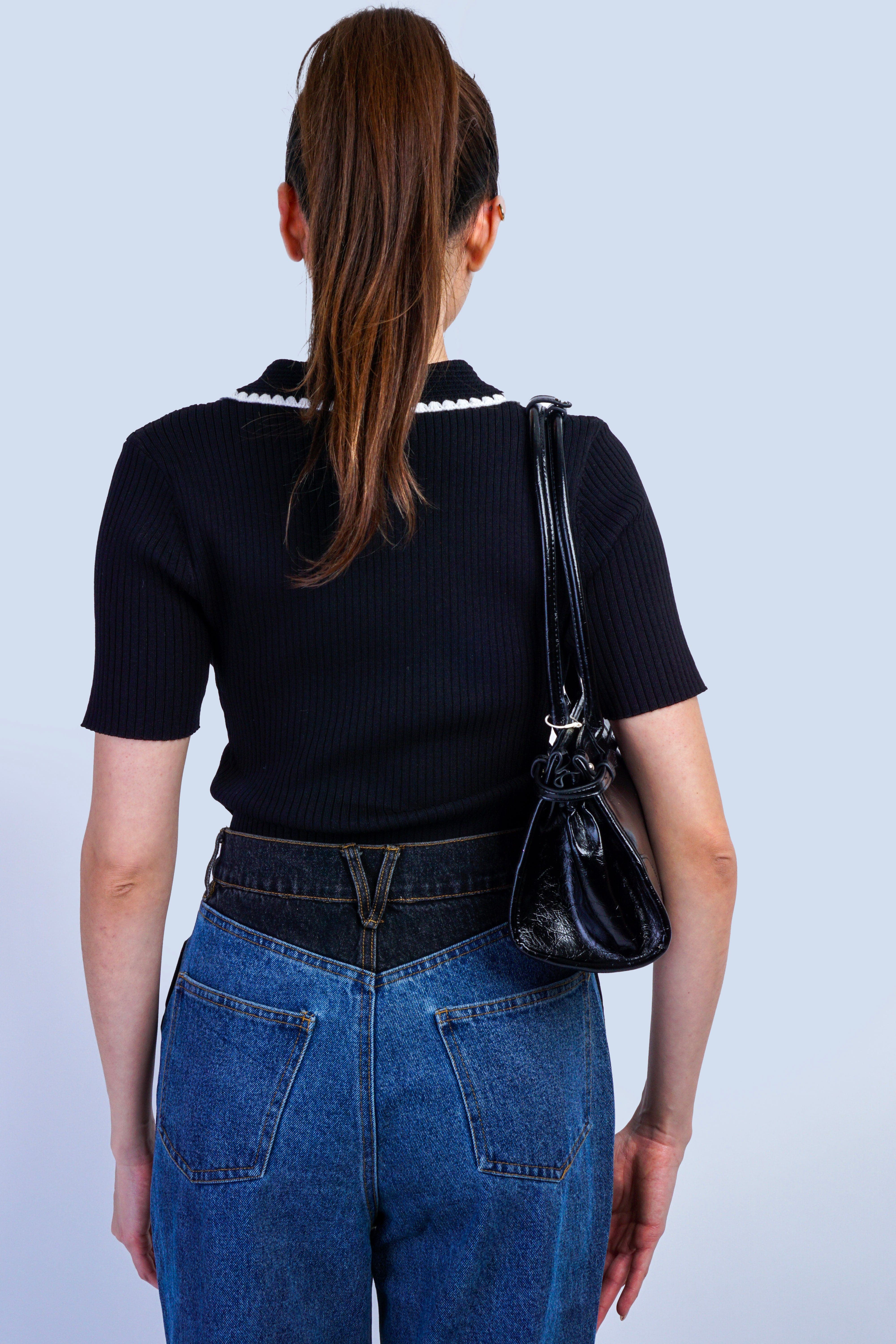 Private Label SWEATERS Black Ivory Scallop Crochet Polo Sweater Top