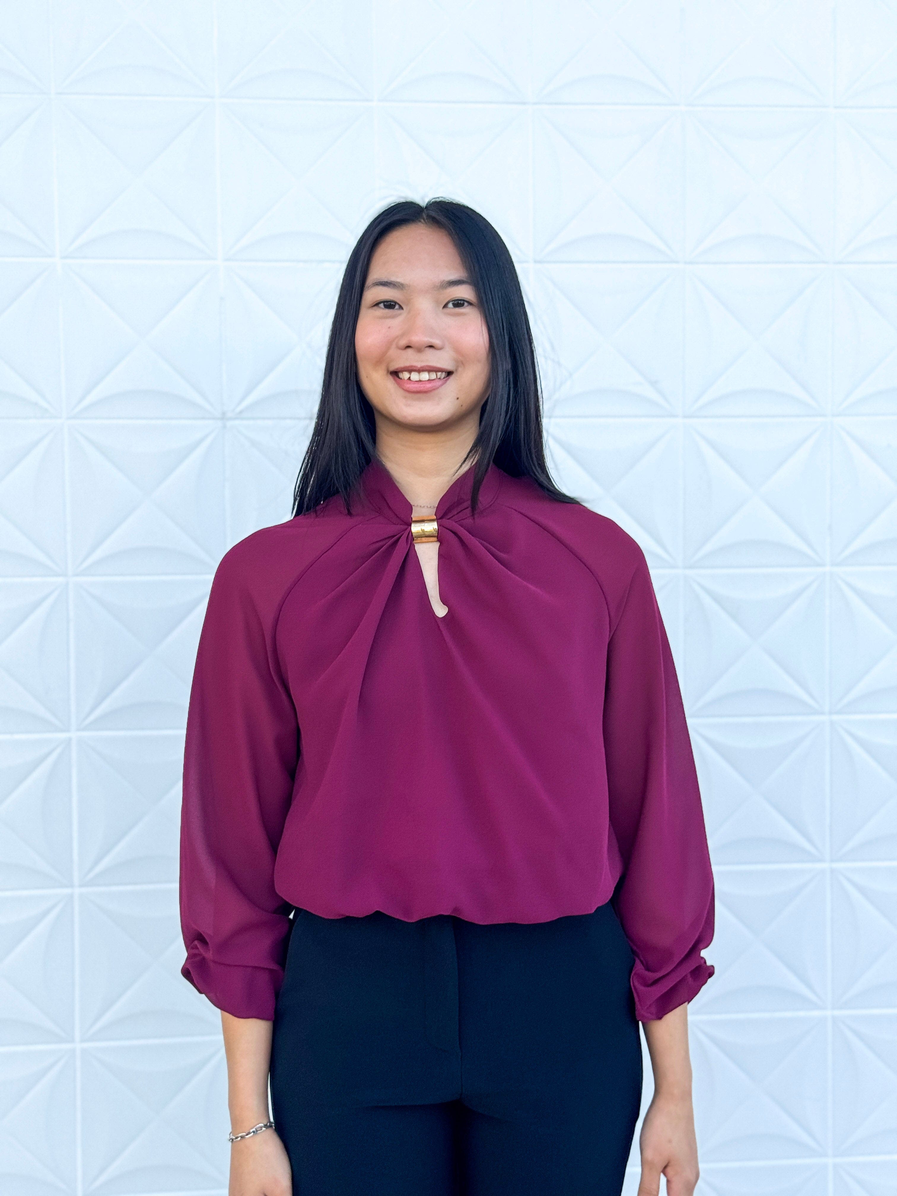 Private Label SWEATERS Burgundy Mock Neck Gold Trim W Keyhole Blouse