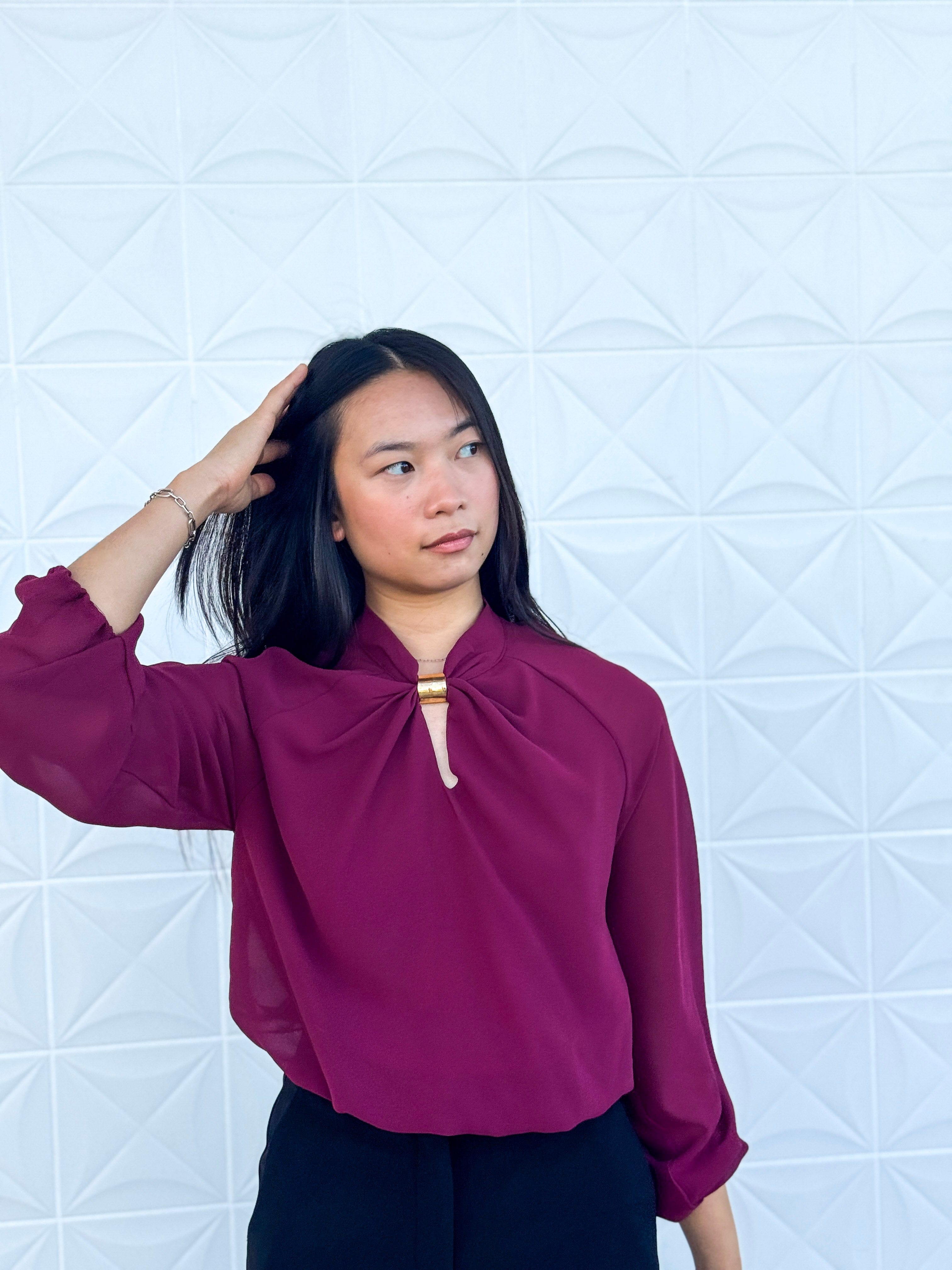 Private Label SWEATERS Burgundy Mock Neck Gold Trim W Keyhole Blouse