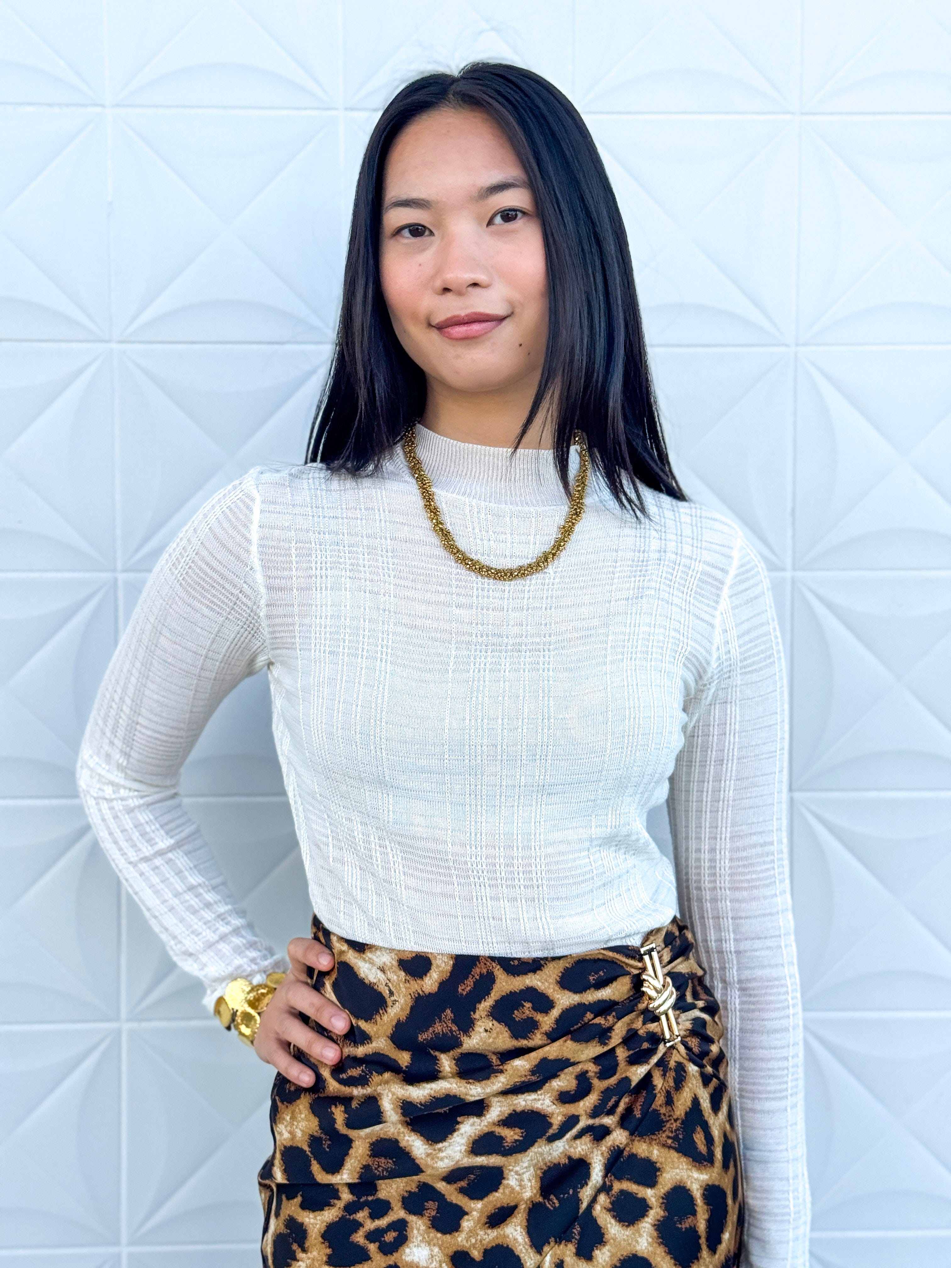 Private Label SWEATERS Ivory Sheer Mock Long Sleeve Sweater Top