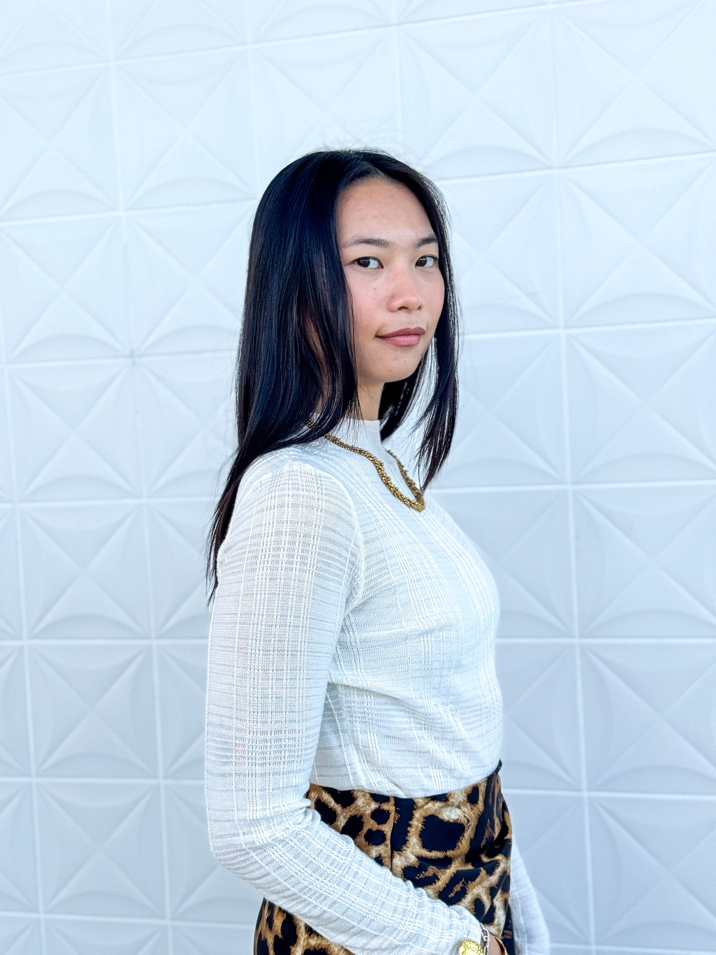 Private Label SWEATERS Ivory Sheer Mock Long Sleeve Sweater Top