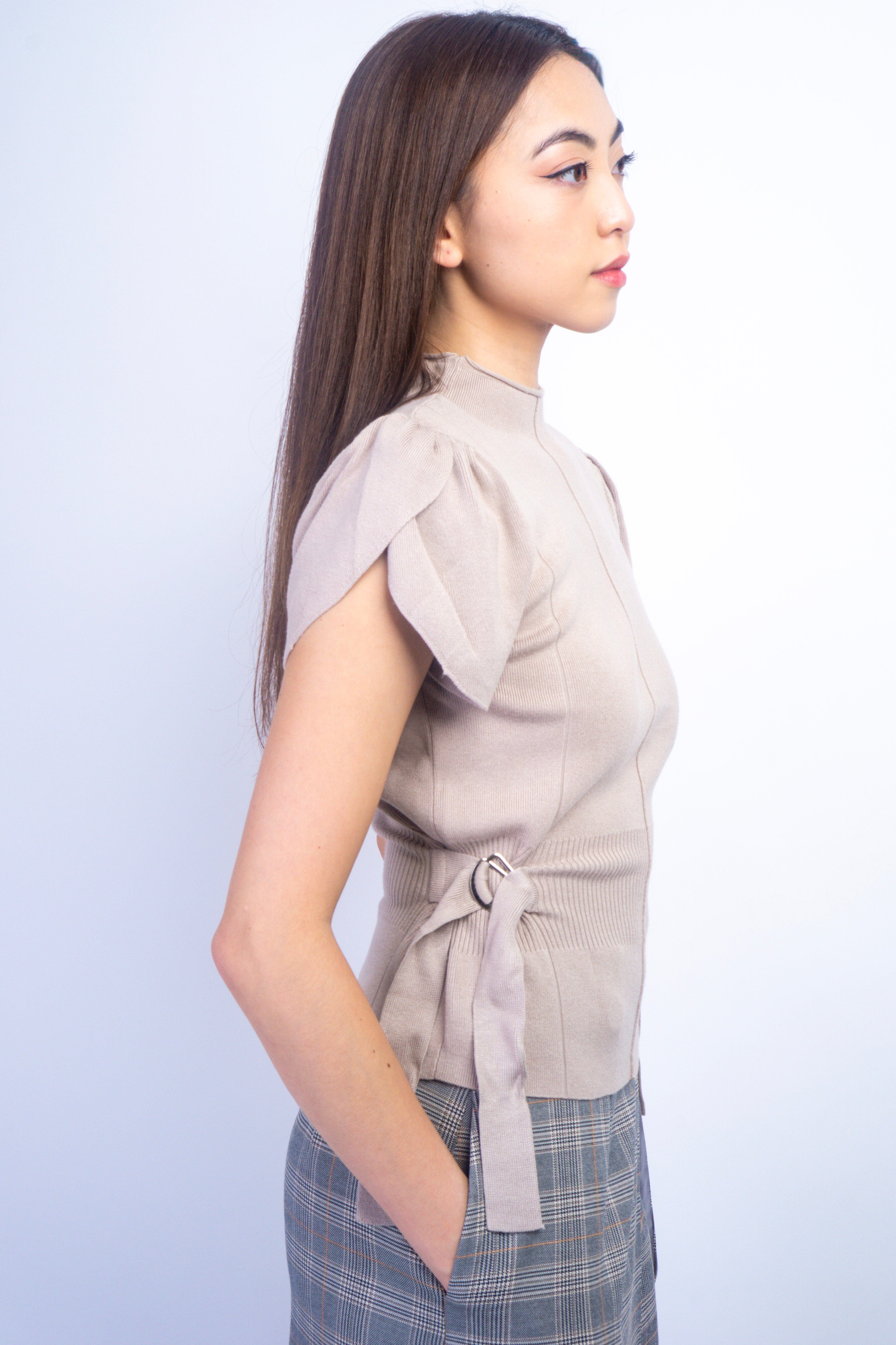 Private Label SWEATERS Mocha Tulip Sleeve Mock Neck Sweater D-Ring Belt Top