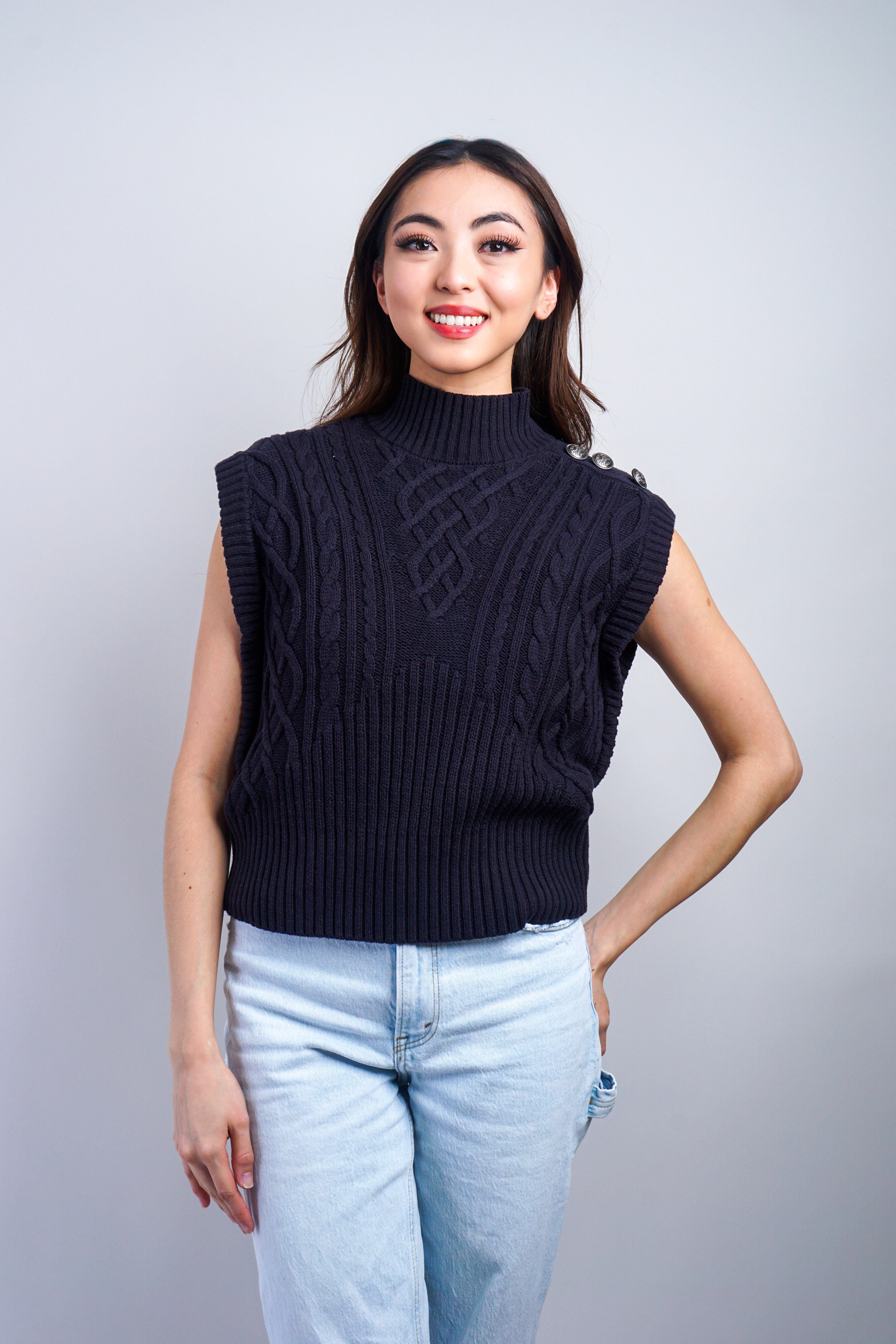 Private Label SWEATERS Navy Mock Neck Button Sweater