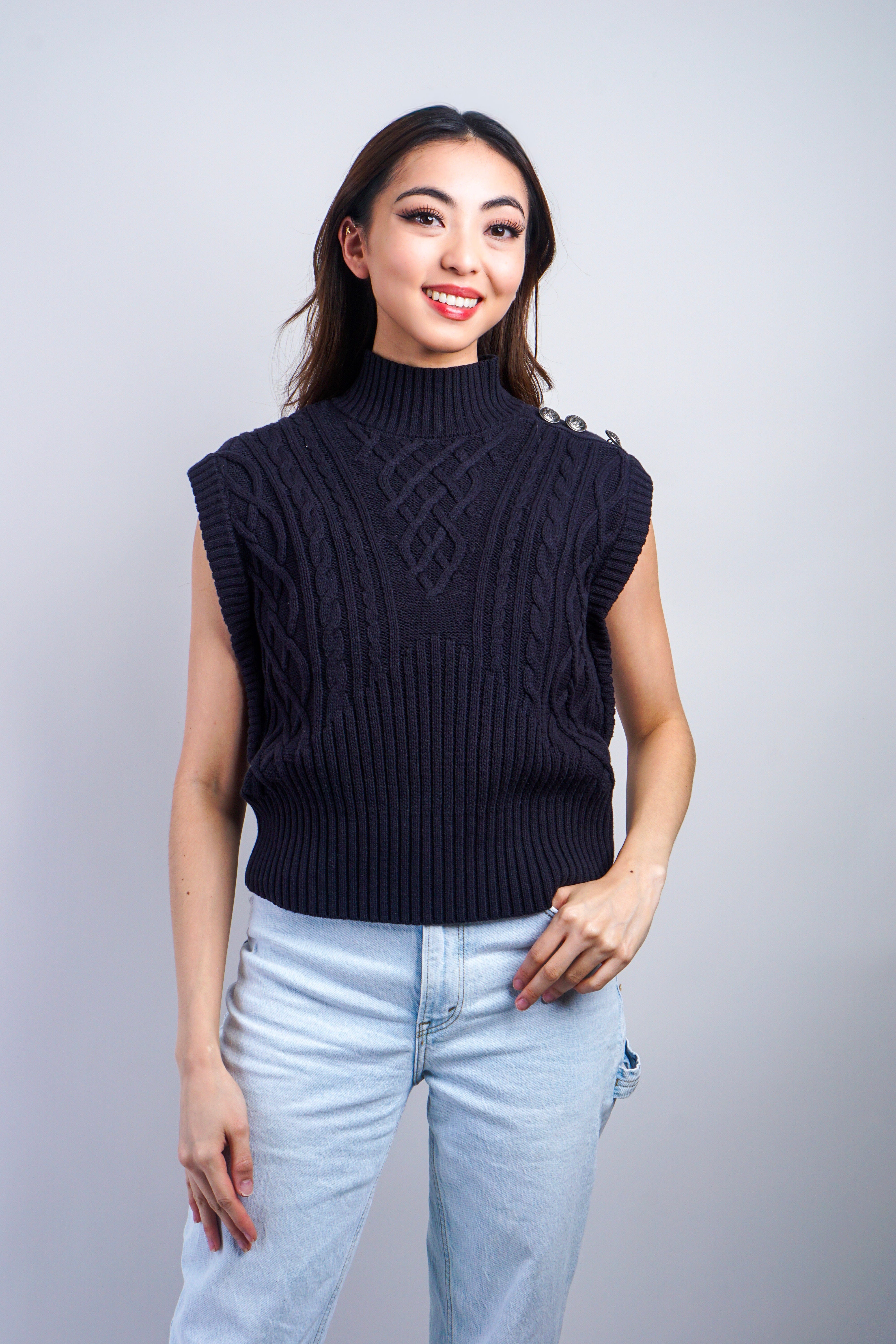 Private Label SWEATERS Navy Mock Neck Button Sweater