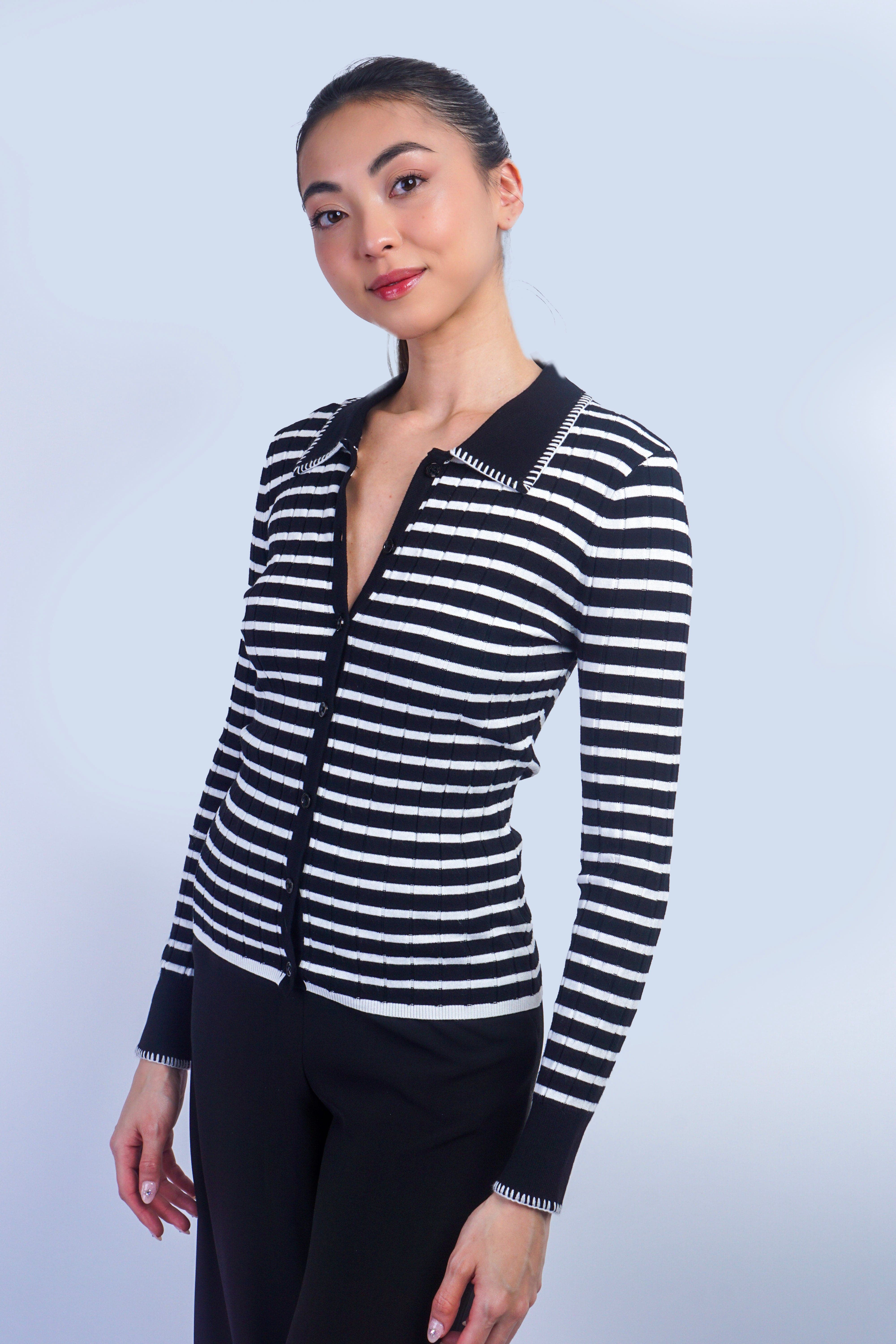 Private Label SWEATERS Stripe Black & White Collared Cardigan Sweater