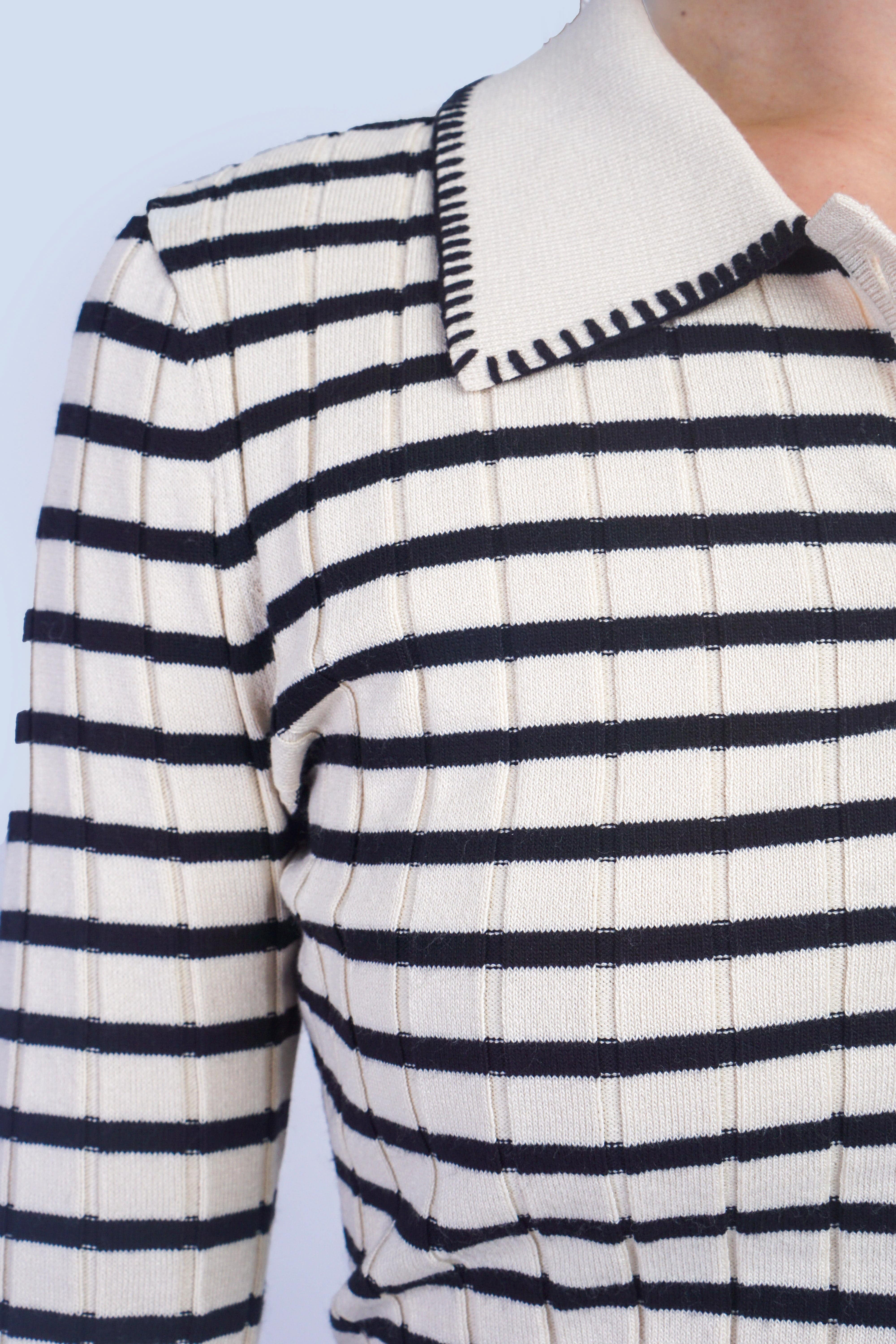 Private Label SWEATERS Stripe Ivory/Black Collared Cardigan Sweater