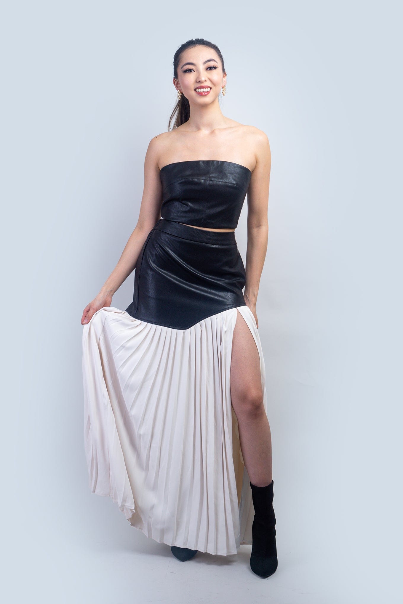 DCD TOPS Black Faux Leather Top and Pleated Skirt Set