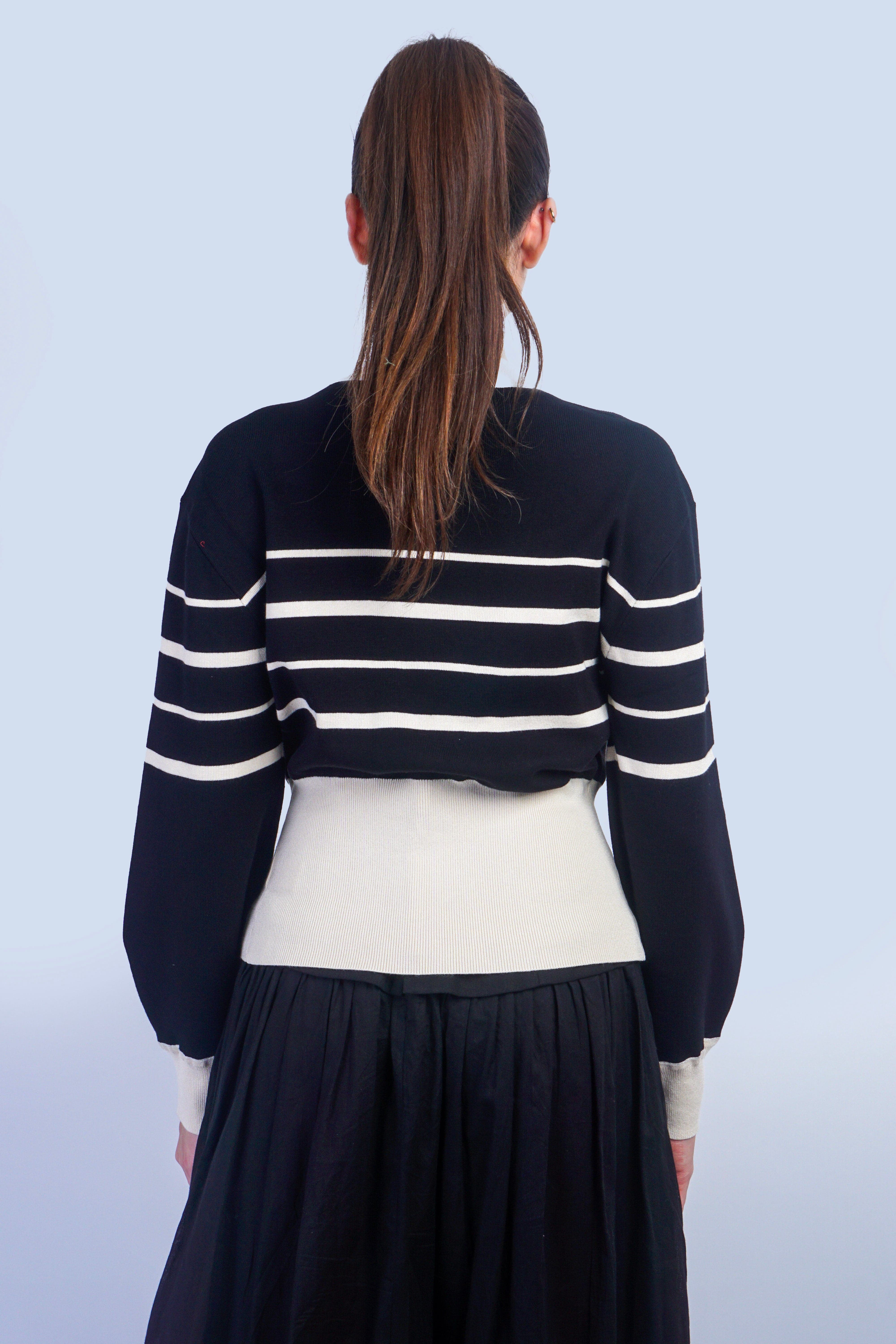 Private Label TOPS Black & Ivory Stripe Gold Button Cardigan