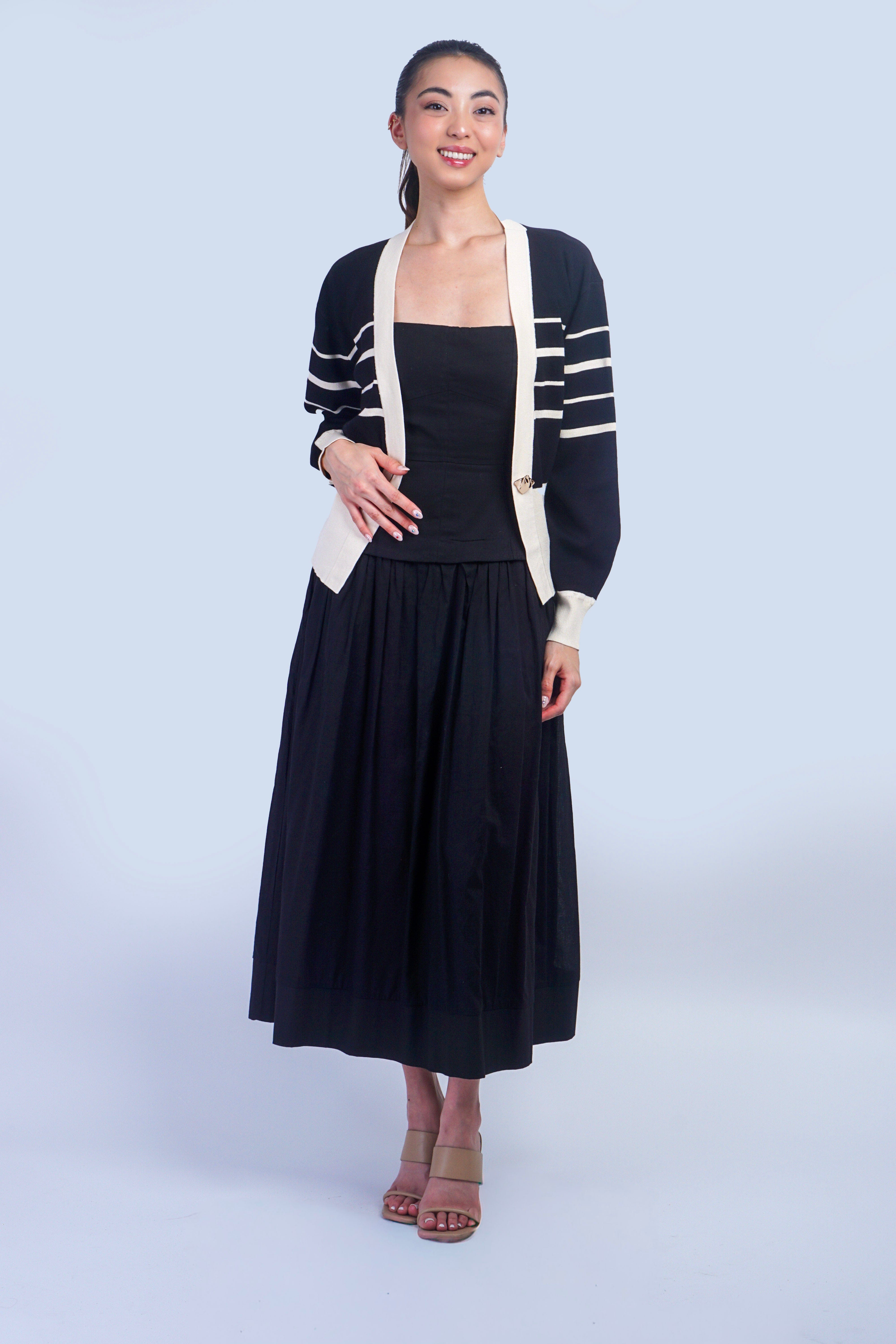 Private Label TOPS Black & Ivory Stripe Gold Button Cardigan