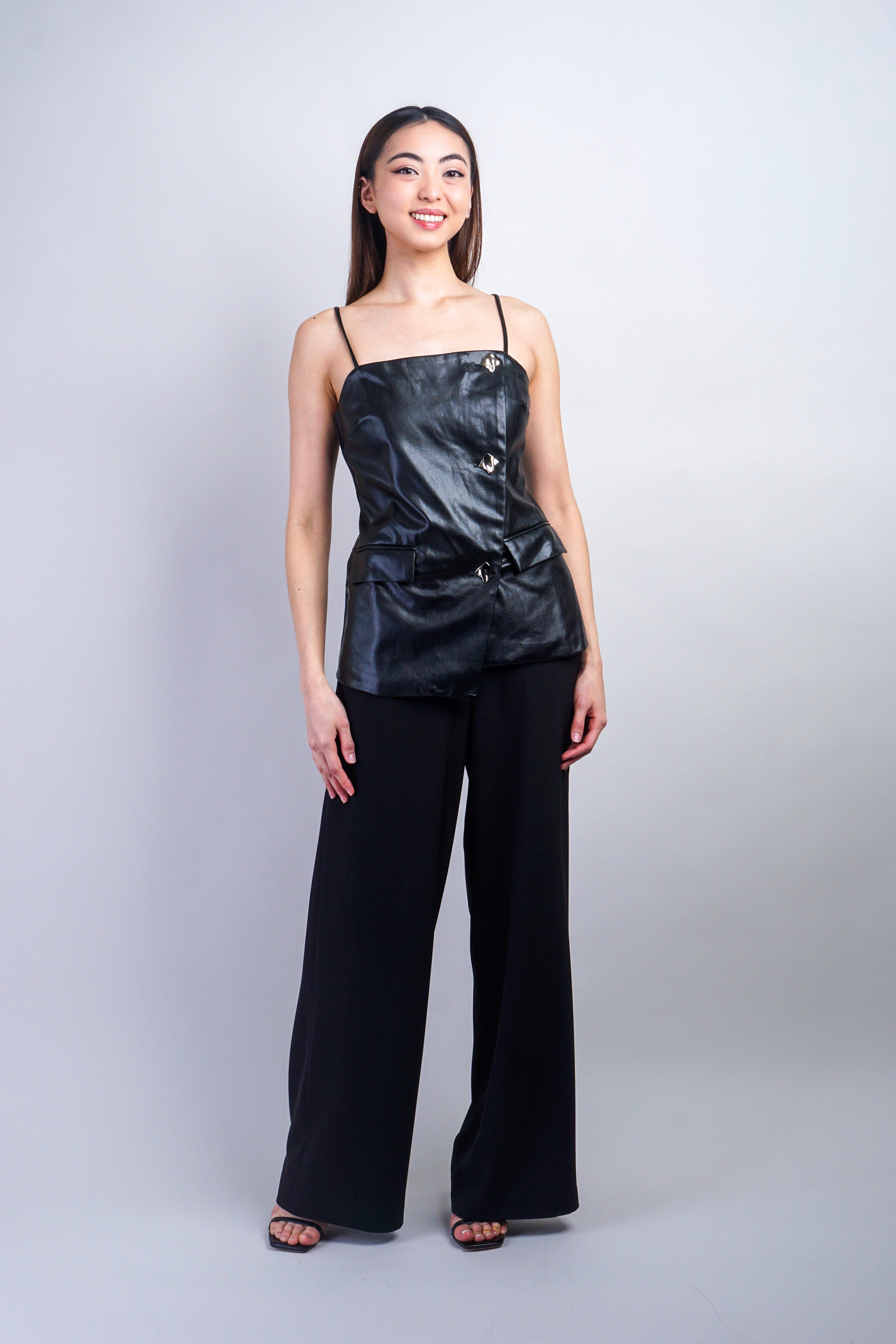 Private Label TOPS Black Vegan Leather Gold Square Button Top