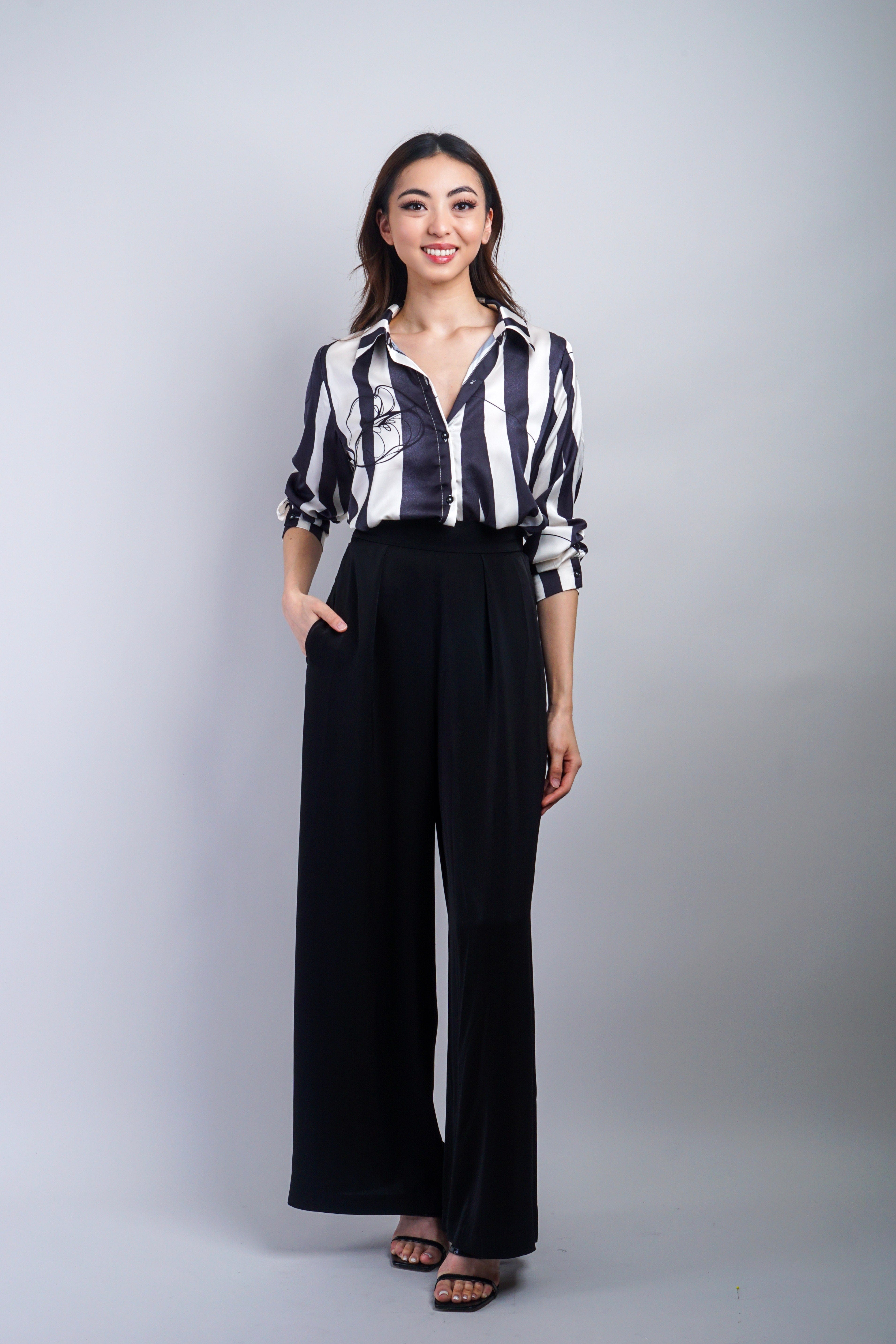 Private Label TOPS Black White Stripe Line Flower Shirt Top