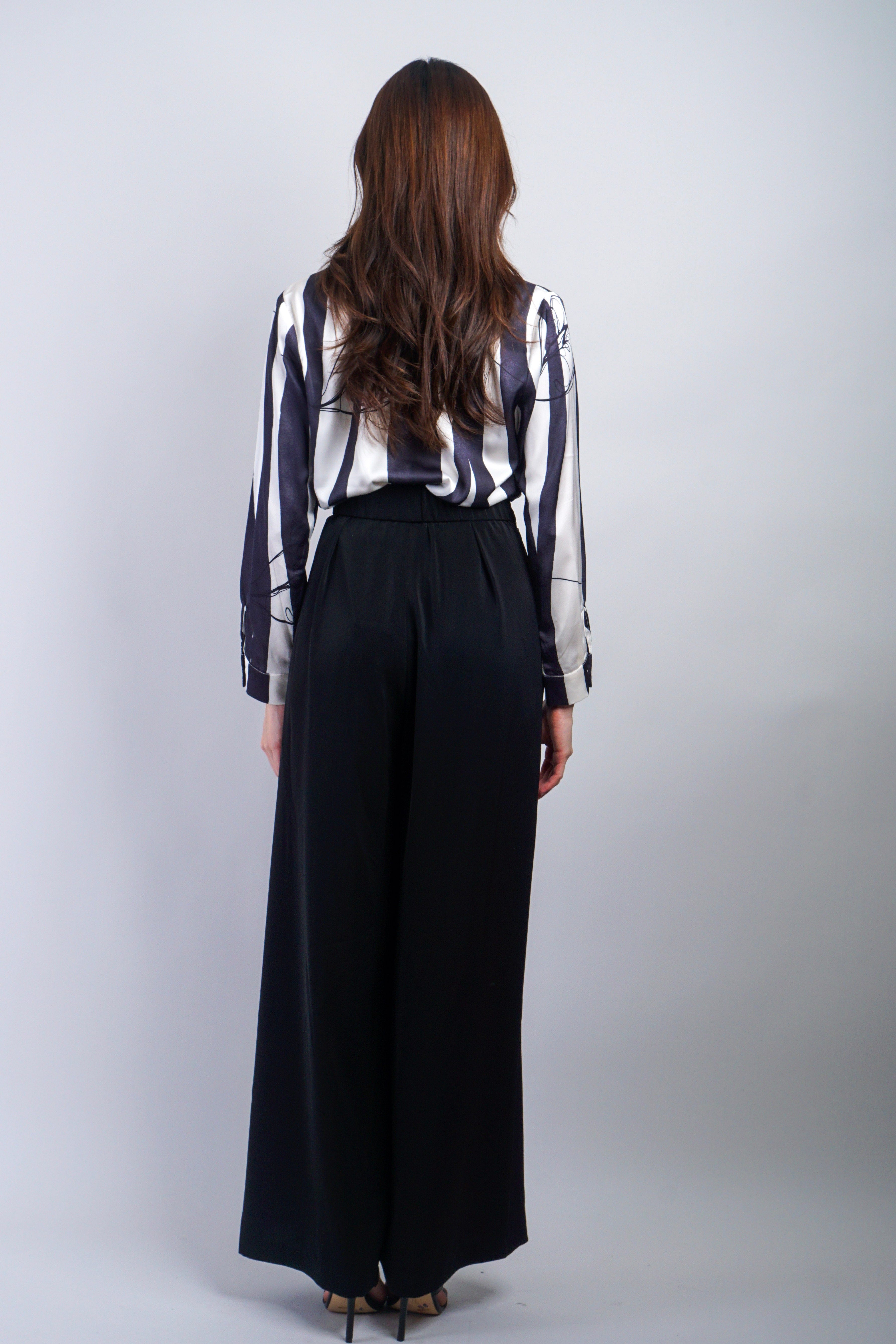 Private Label TOPS Black White Stripe Line Flower Shirt Top