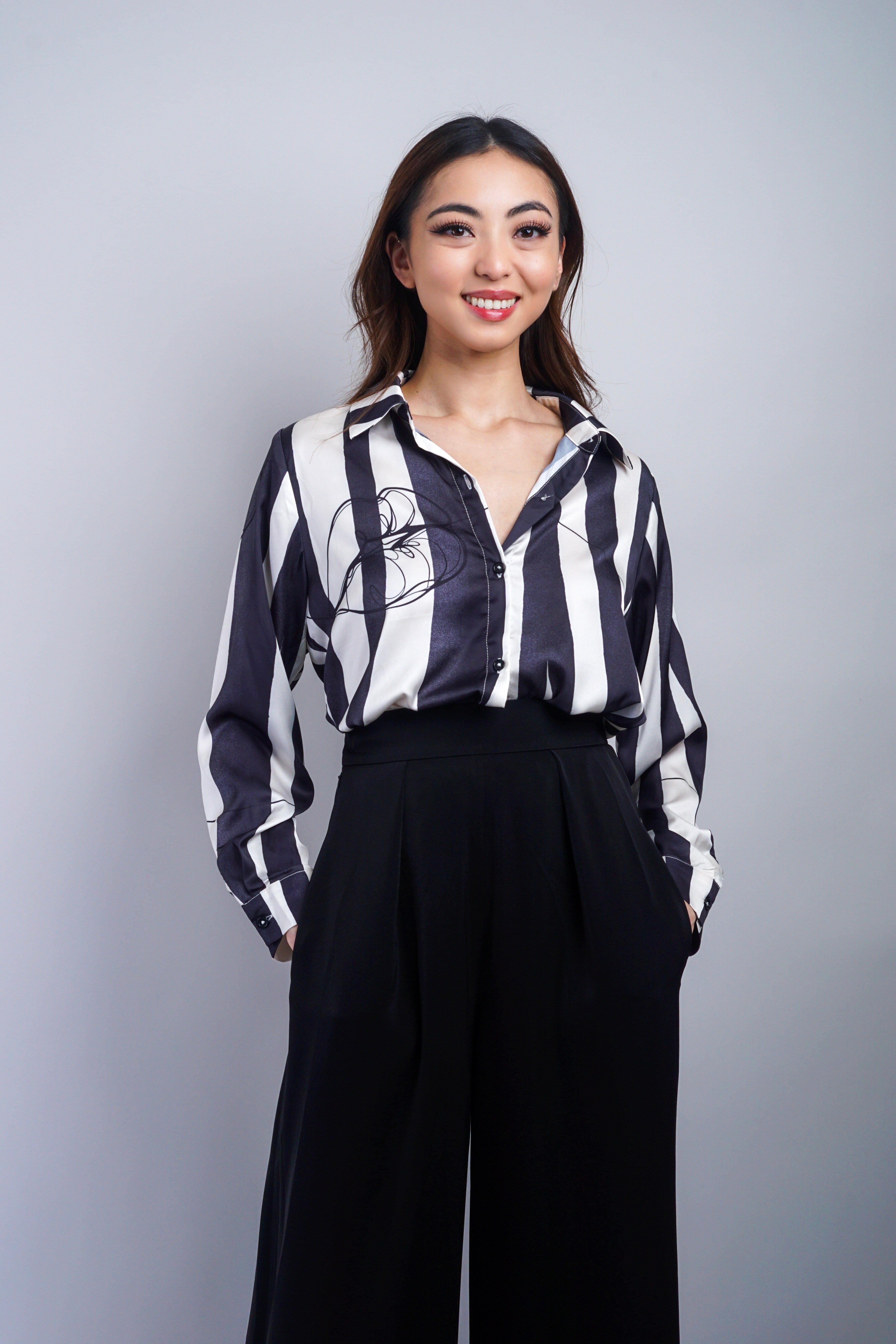 Private Label TOPS Black White Stripe Line Flower Shirt Top