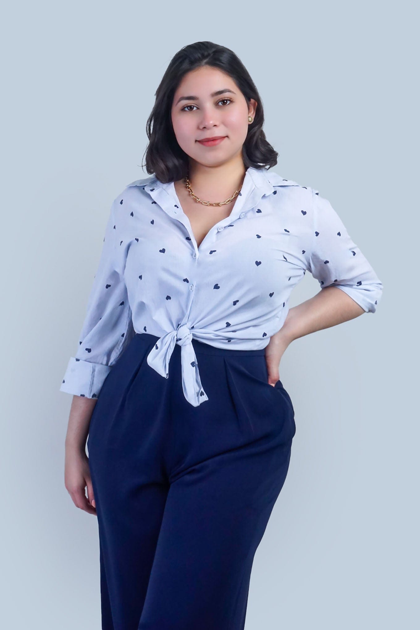 Chloe Dao TOPS Blue Heart Stripe Cotton Jennifer Dress Shirt
