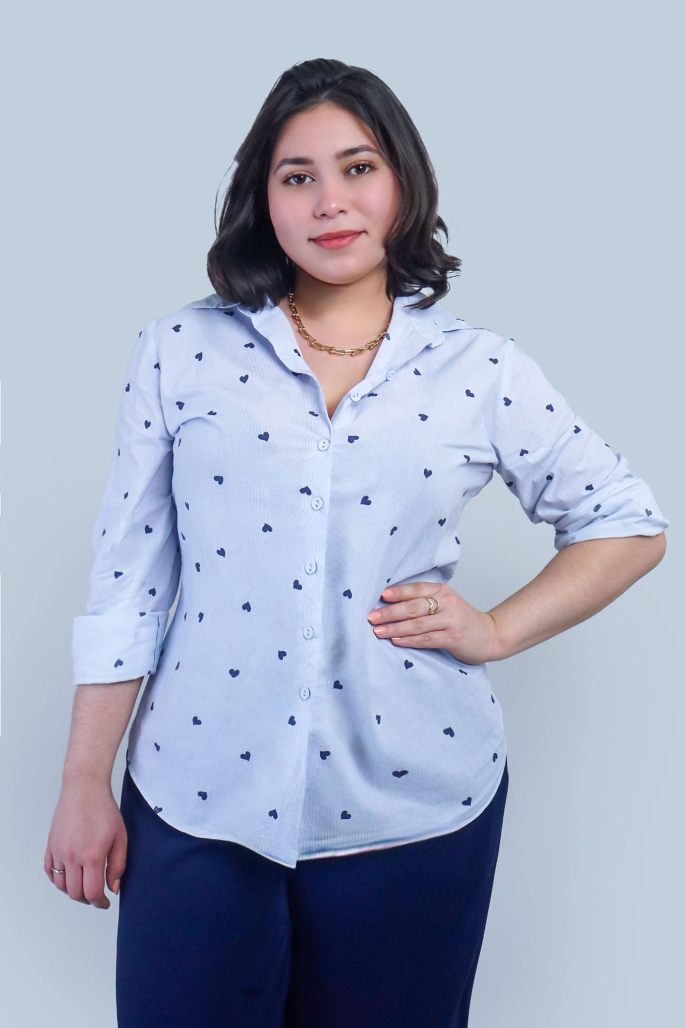 Chloe Dao TOPS Blue Heart Stripe Cotton Jennifer Dress Shirt