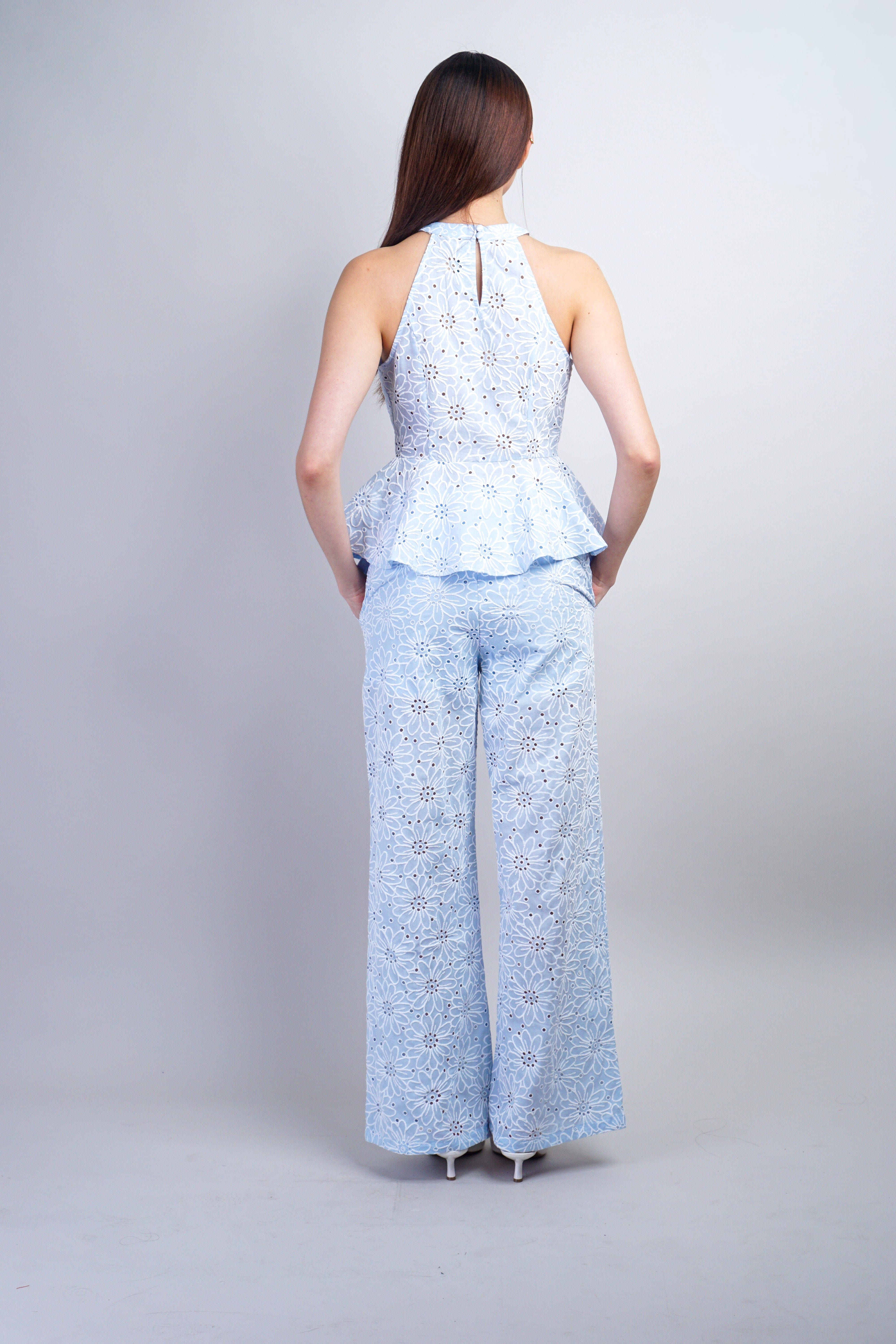Private Label TOPS Blue & White Embroidered Cotton Floral Peplum Top
